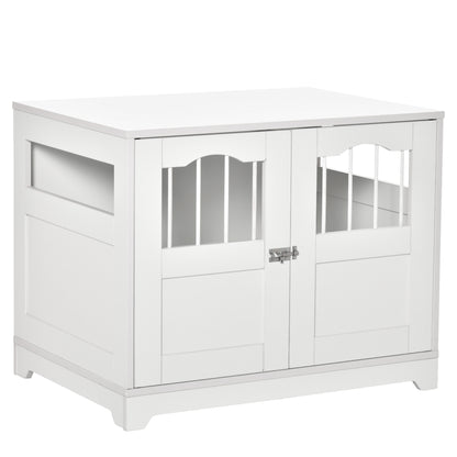 PawHut 29.5" Wooden Dog Cage with Windows, End Table Furniture Style, Modern Pet Kennel with Lockable Doors Elevated Base for Small and Medium-sized Dogs, White