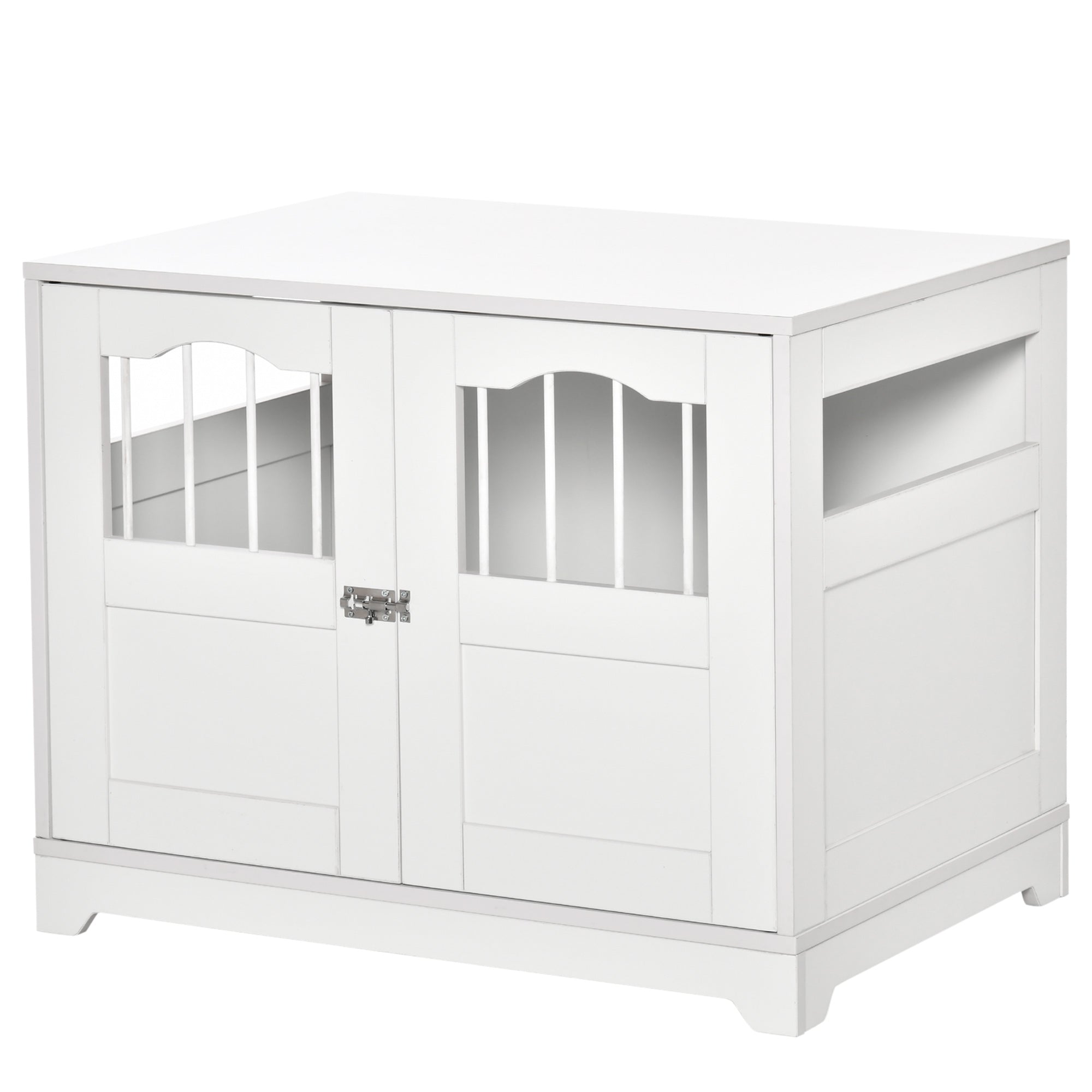 PawHut 29.5" Wooden Dog Cage with Windows, End Table Furniture Style, Modern Pet Kennel with Lockable Doors Elevated Base for Small and Medium-sized Dogs, White