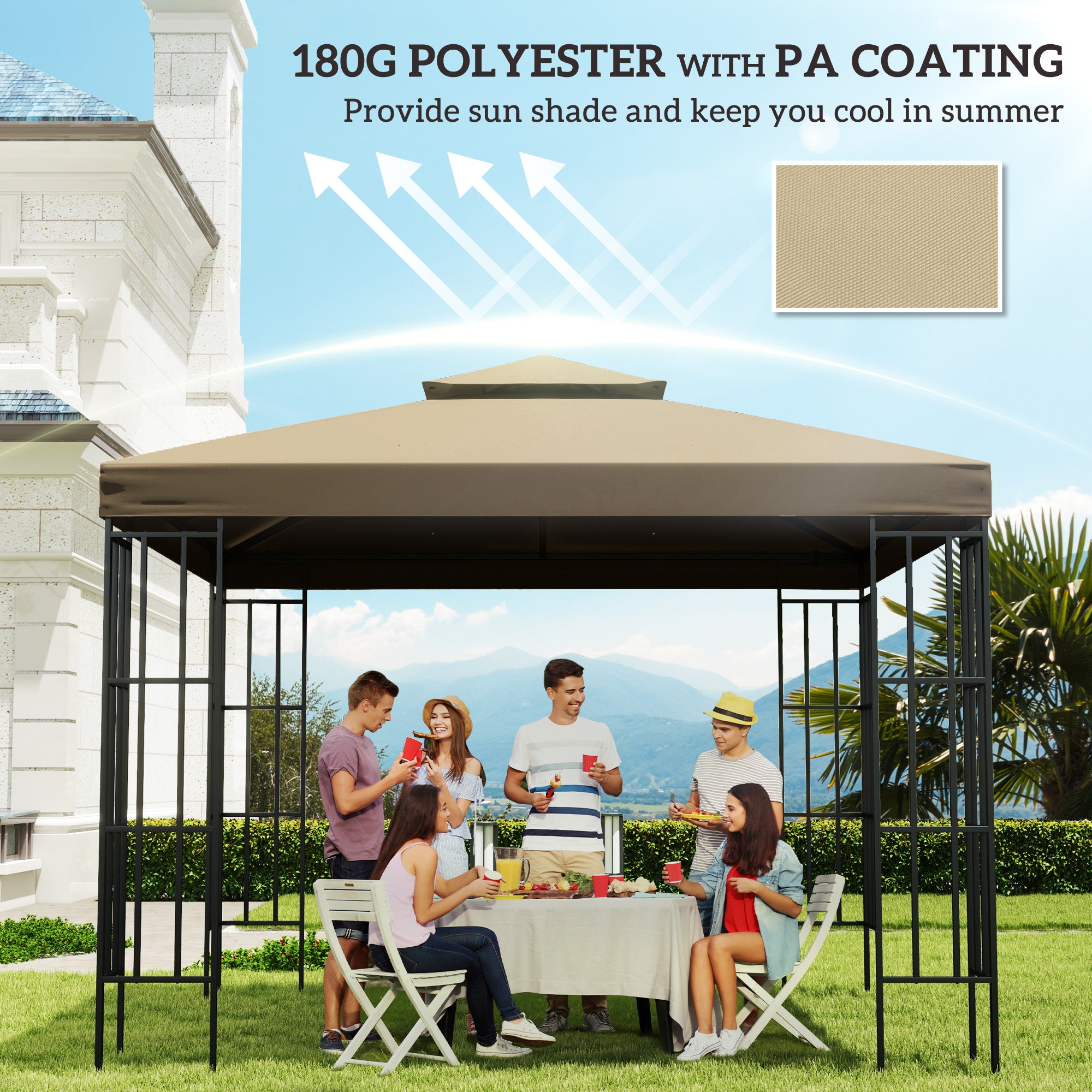 Outsunny 9.8' x 9.8' Square 2-Tier Gazebo Canopy Replacement Top Cover Outdoor Garden Sun Shade, Beige
