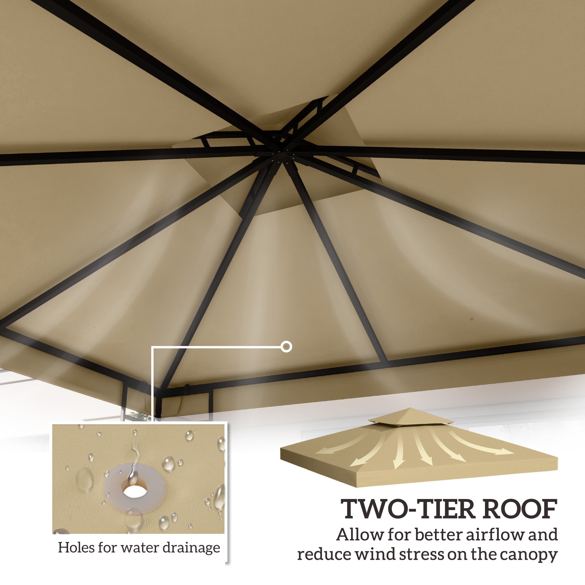 Outsunny 9.8' x 9.8' Square 2-Tier Gazebo Canopy Replacement Top Cover Outdoor Garden Sun Shade, Beige