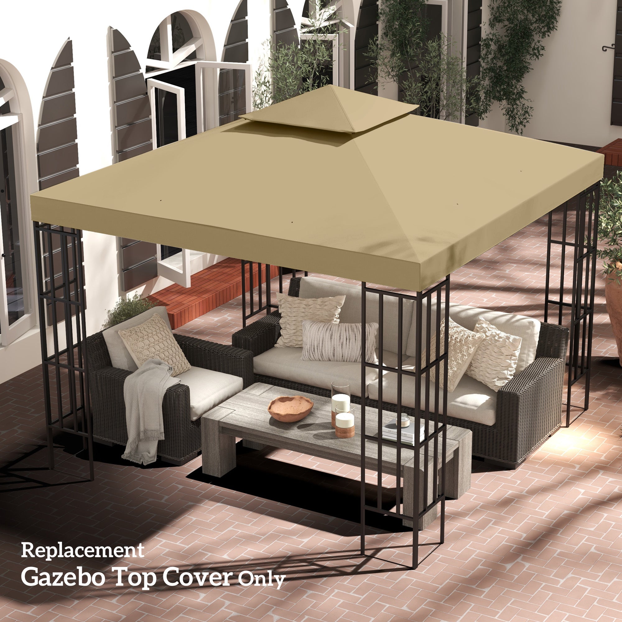 Outsunny 9.8' x 9.8' Square 2-Tier Gazebo Canopy Replacement Top Cover Outdoor Garden Sun Shade, Beige