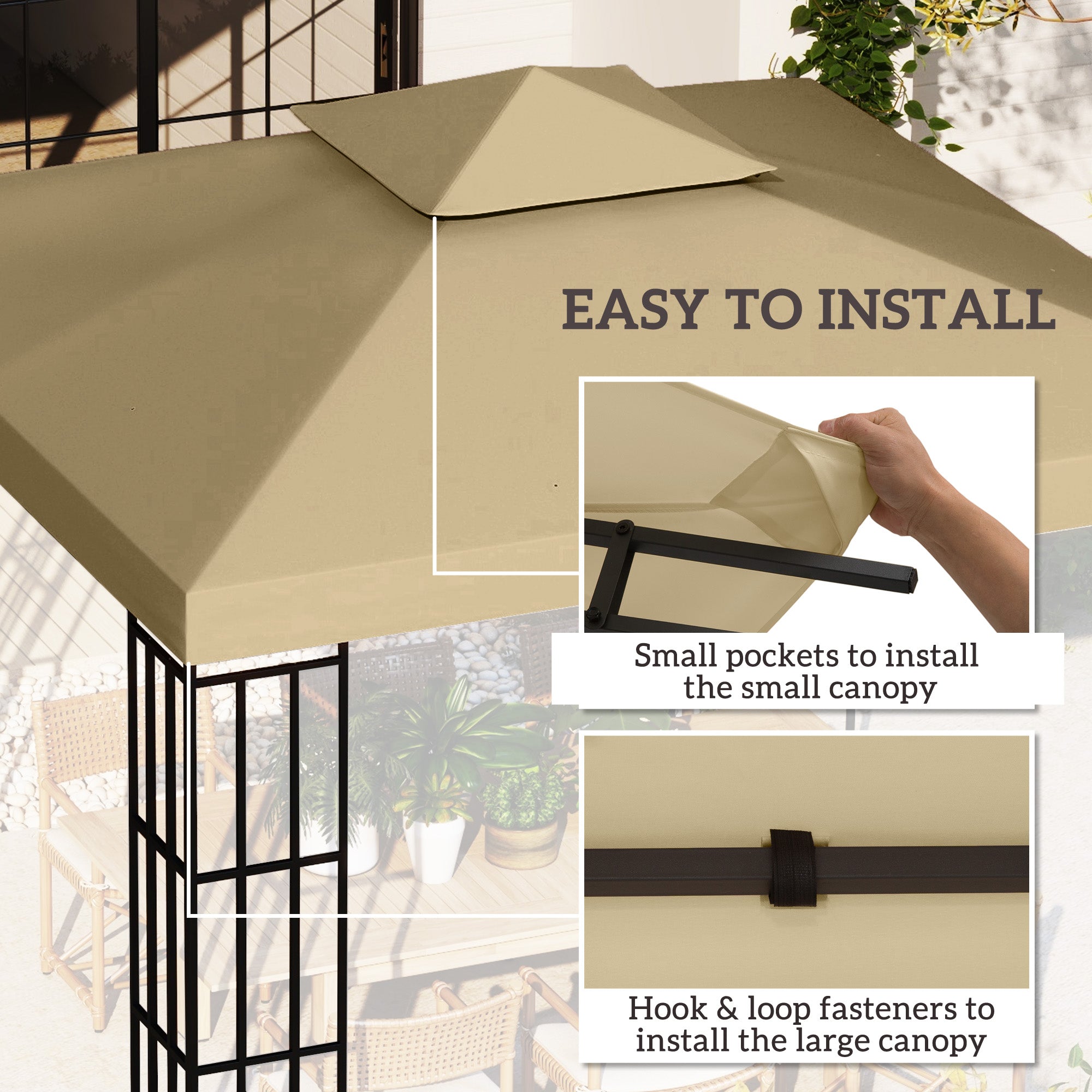 Outsunny 9.8' x 9.8' Square 2-Tier Gazebo Canopy Replacement Top Cover Outdoor Garden Sun Shade, Beige