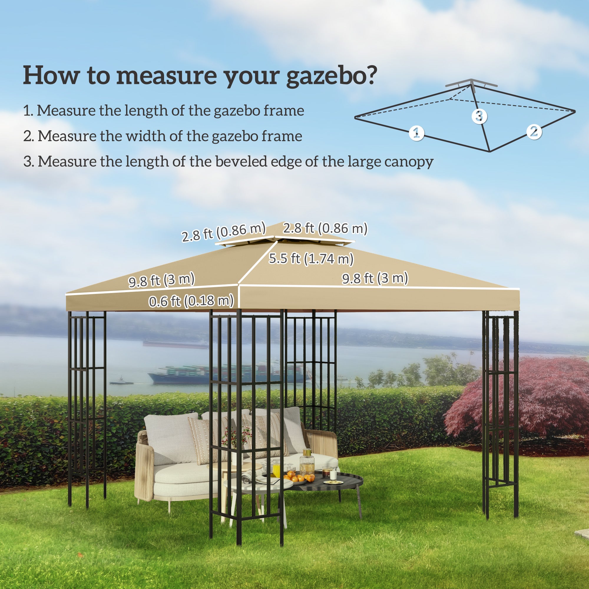 Outsunny 9.8' x 9.8' Square 2-Tier Gazebo Canopy Replacement Top Cover Outdoor Garden Sun Shade, Beige
