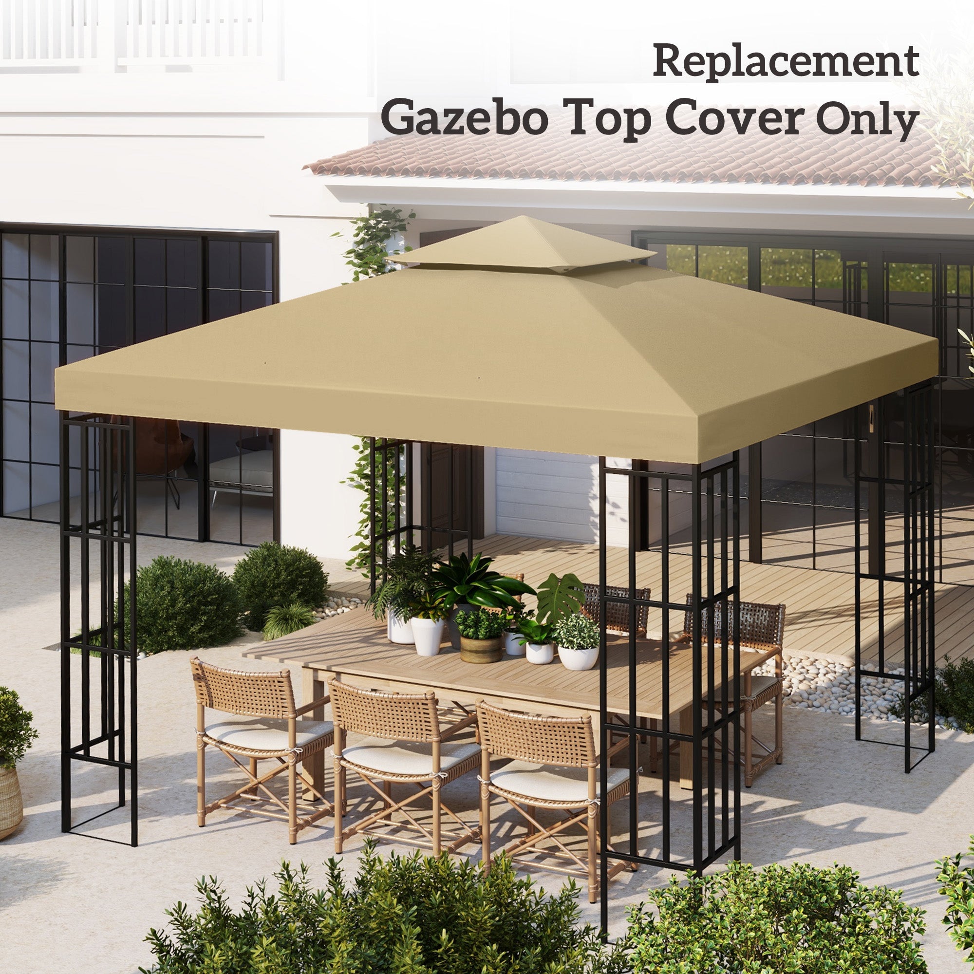 Outsunny 9.8' x 9.8' Square 2-Tier Gazebo Canopy Replacement Top Cover Outdoor Garden Sun Shade, Beige