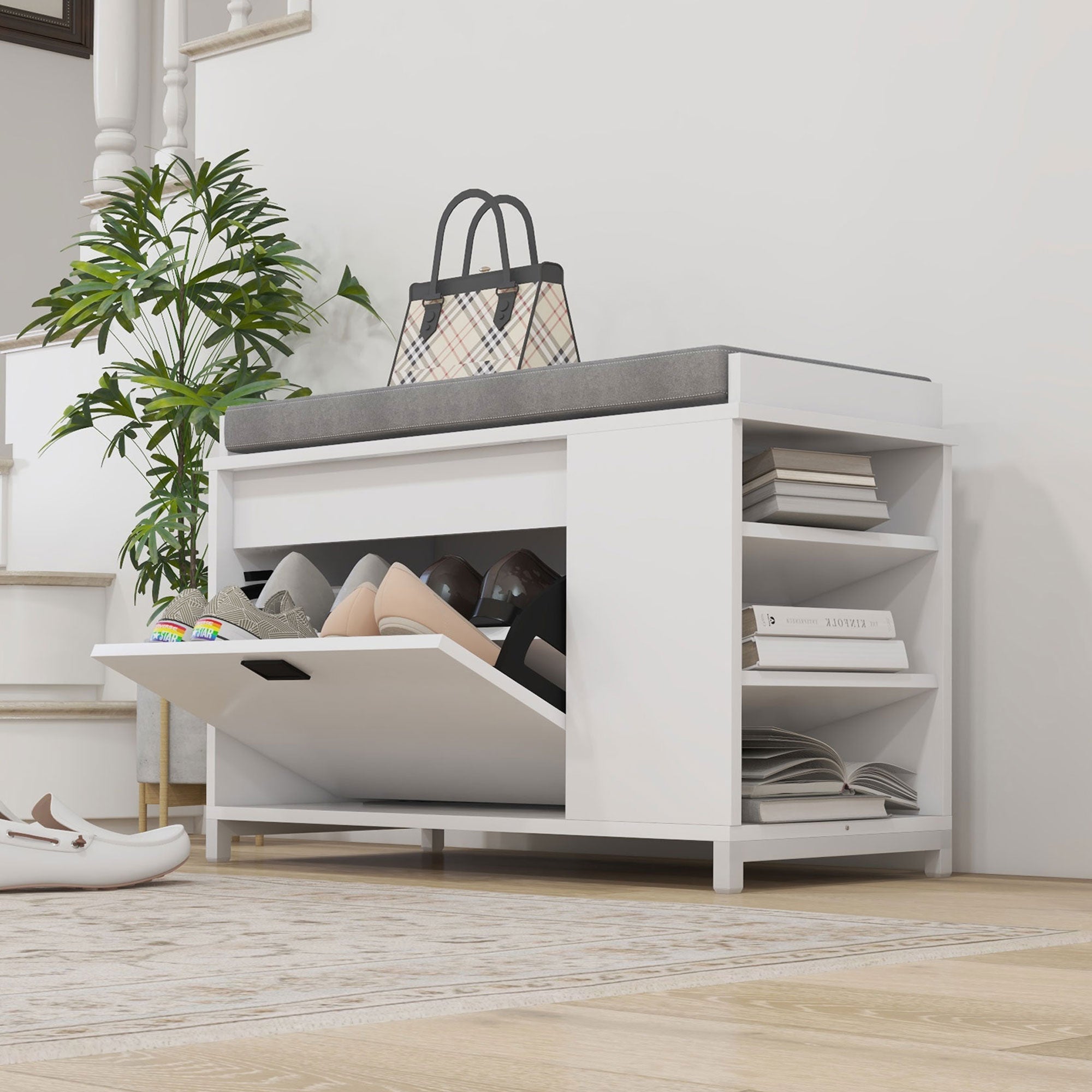 HOMCOM Shoe Bench with Storage, Upholstered Entryway Bench with Flip Drawers, Cushion and 3-tier Side Rack for Living Room, Hallway, White
