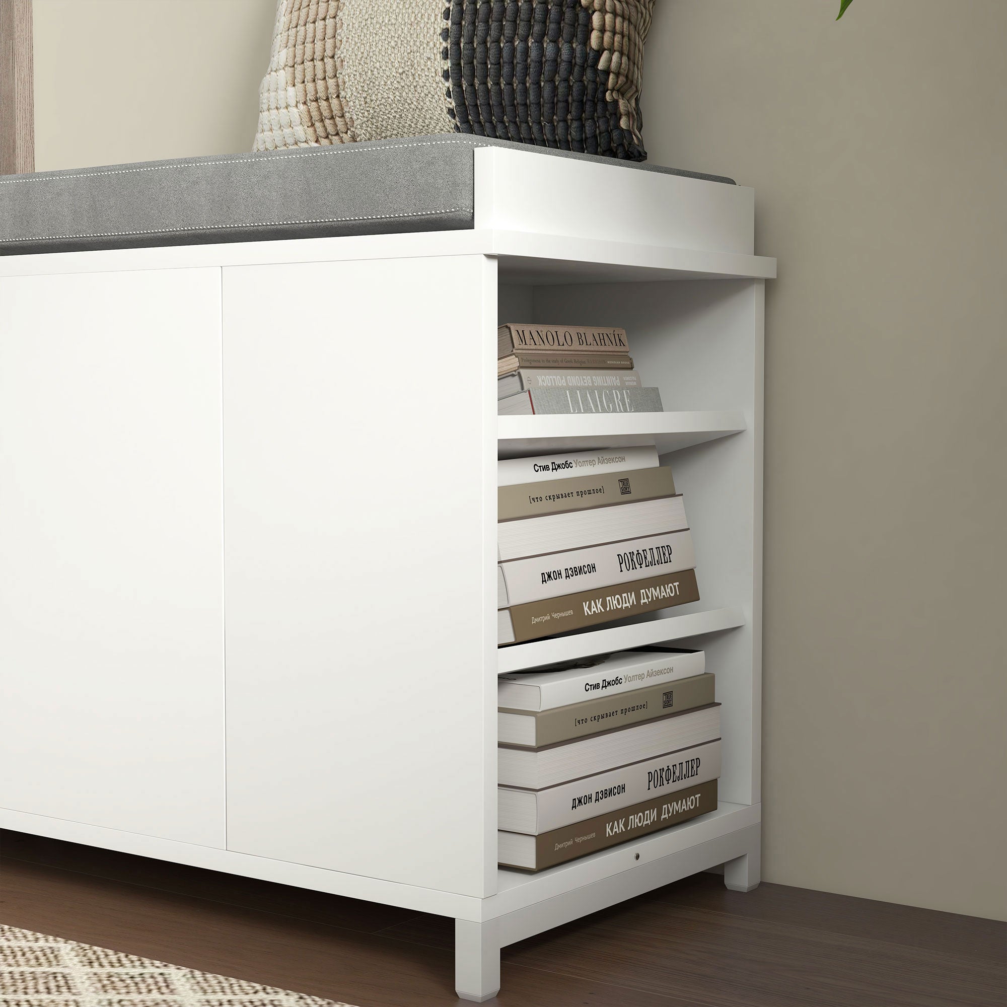 HOMCOM Shoe Bench with Storage, Upholstered Entryway Bench with Flip Drawers, Cushion and 3-tier Side Rack for Living Room, Hallway, White