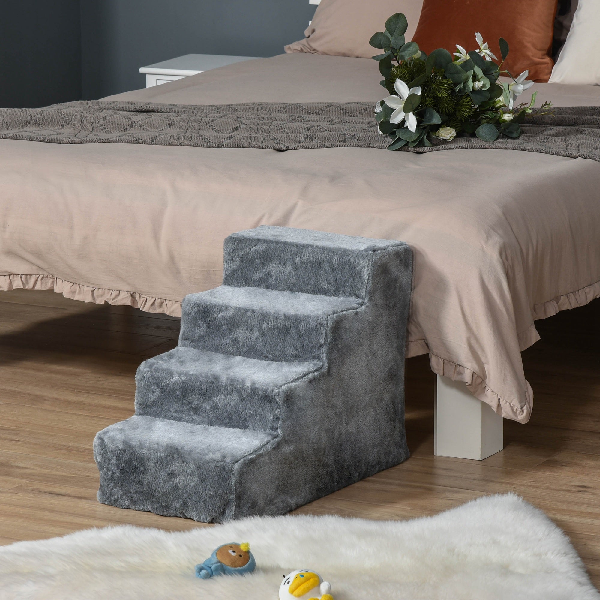 PawHut Pet Steps Ladder for Cats and Dogs, Pet Stairs, Ladder for Climbing on Bed, Sofa with Removable Cover, Light Grey