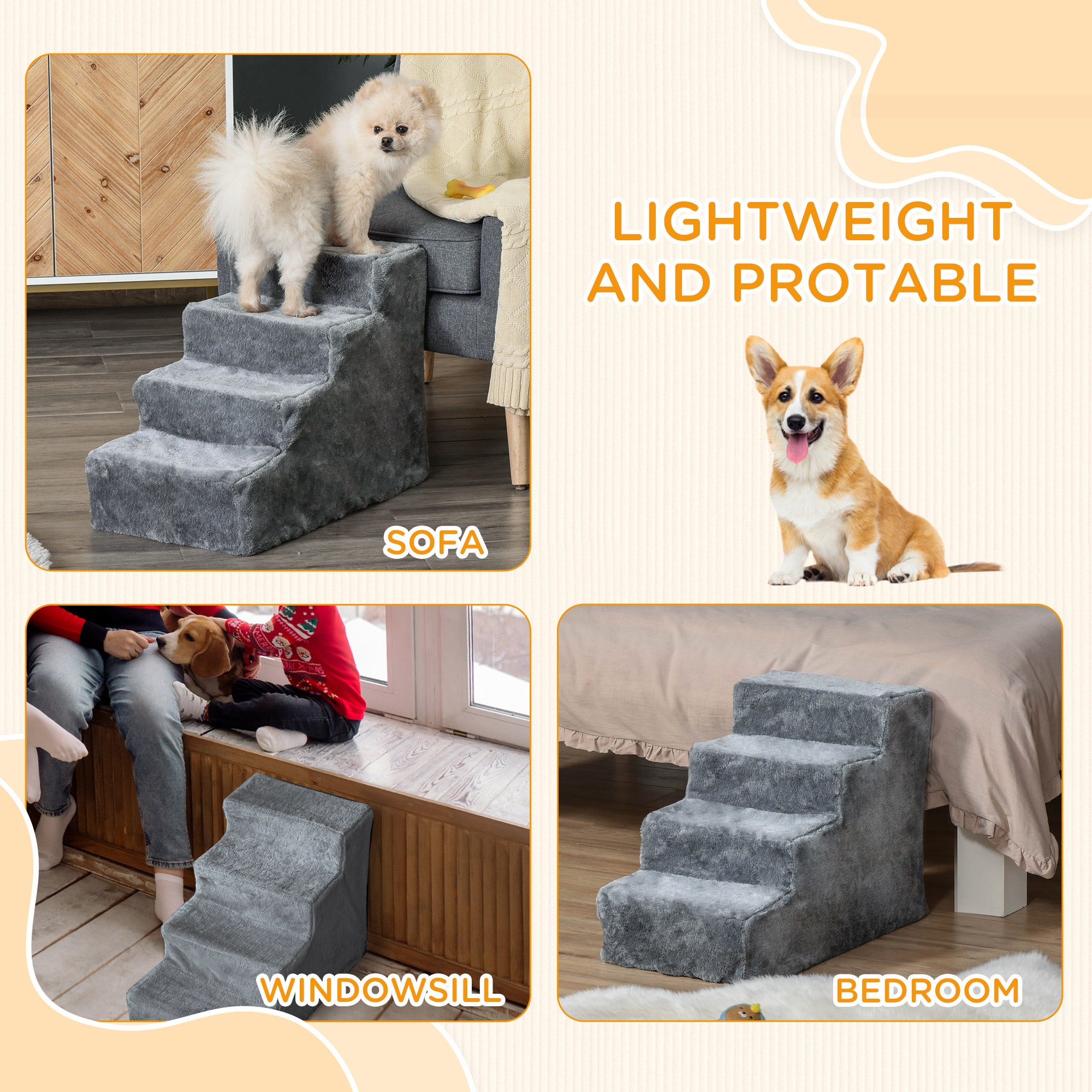 PawHut Pet Steps Ladder for Cats and Dogs, Pet Stairs, Ladder for Climbing on Bed, Sofa with Removable Cover, Light Grey