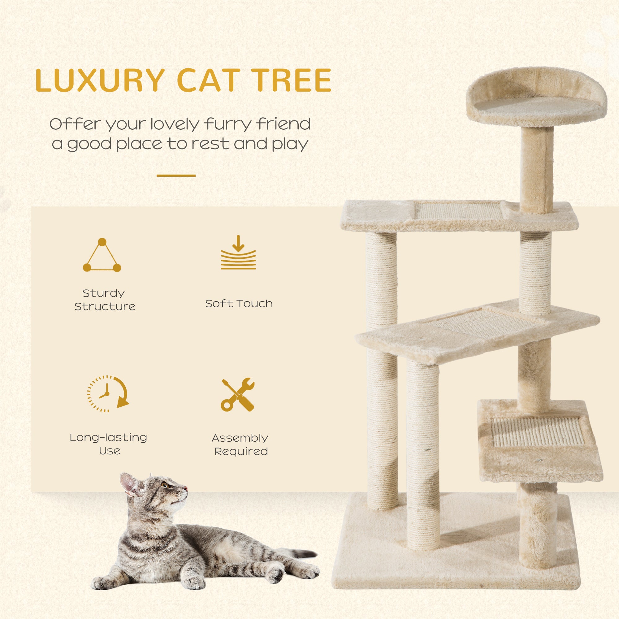 PawHut 39” Cat Scratching Tree 5-Level Revolving Steps Kitten Activity Center Kitty Scratch Post Pet Furniture (Beige)