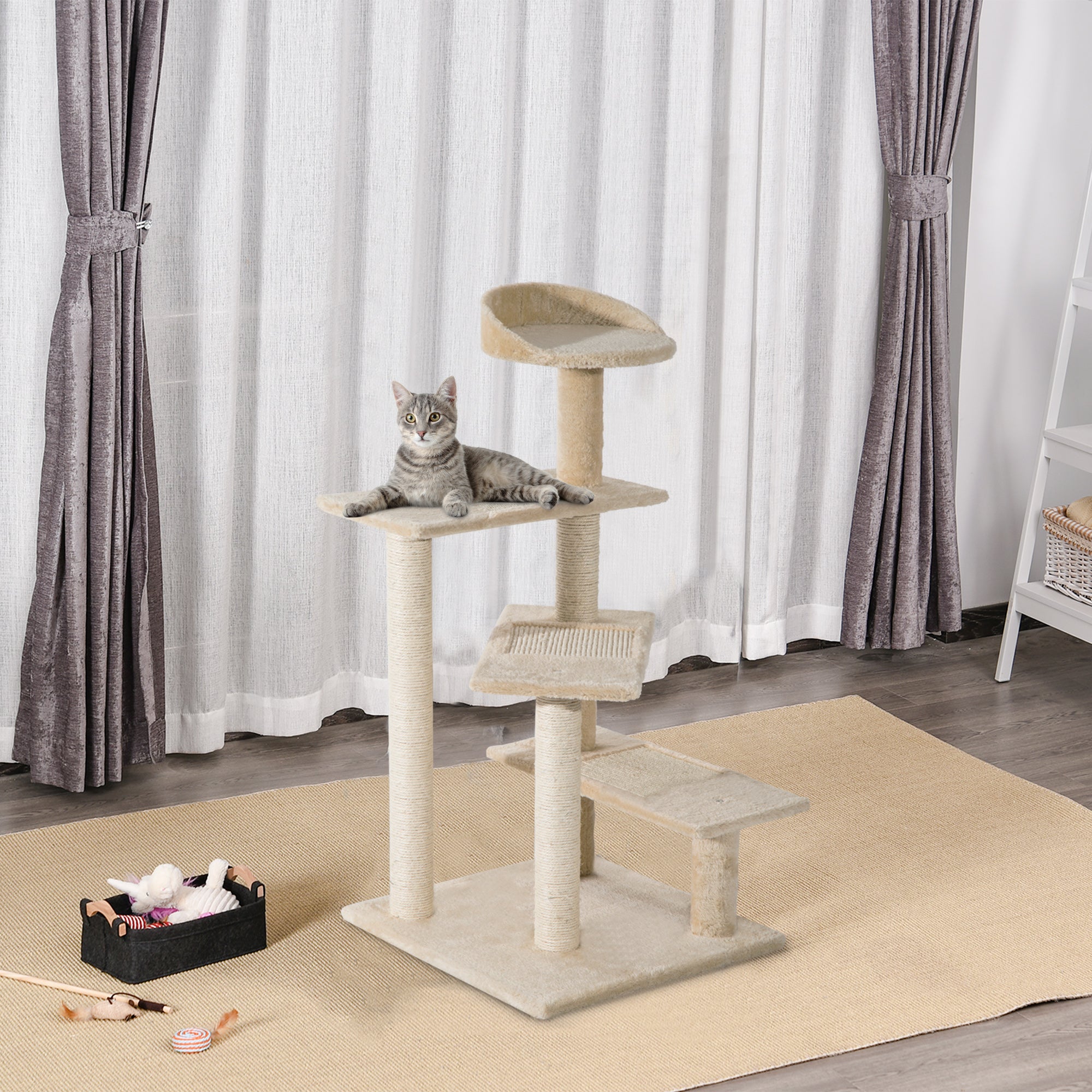 PawHut 39” Cat Scratching Tree 5-Level Revolving Steps Kitten Activity Center Kitty Scratch Post Pet Furniture (Beige)