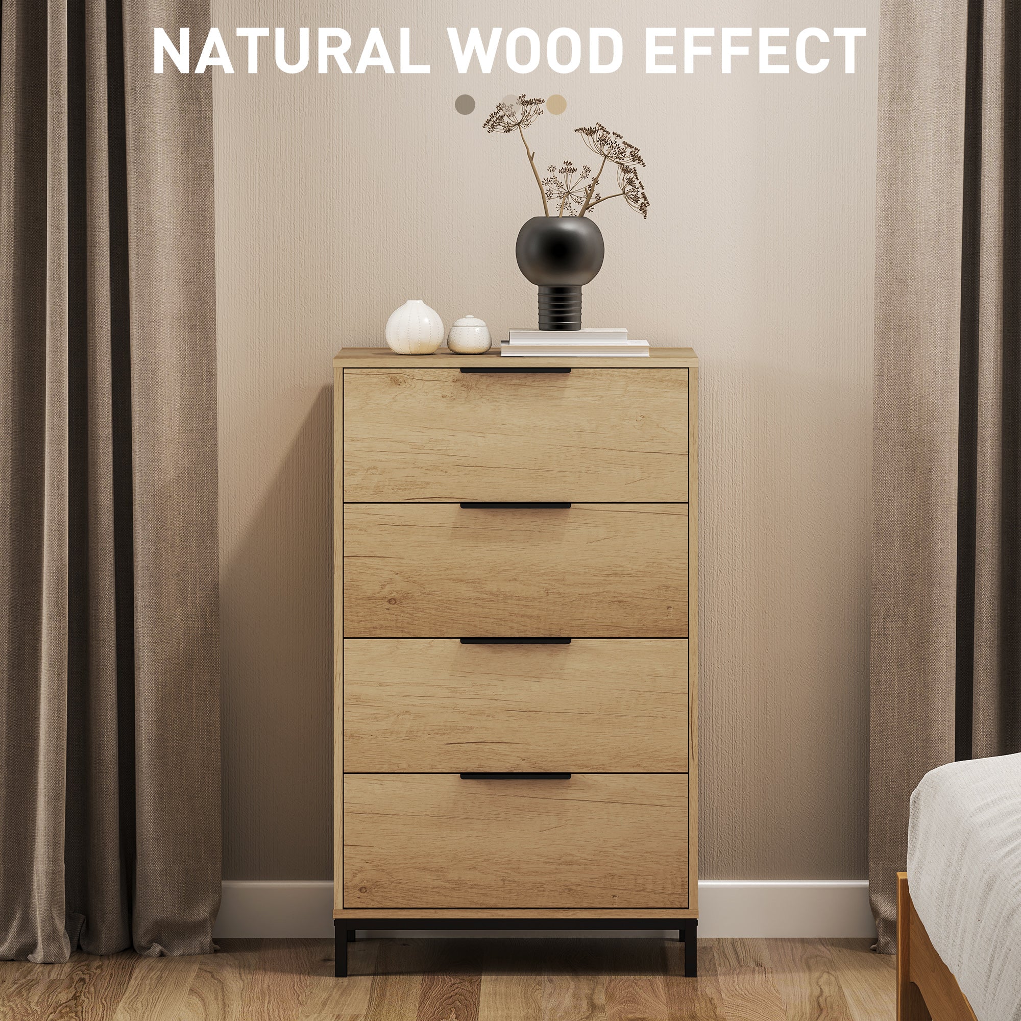 HOMCOM Dresser for Bedroom, 4 Drawer Dresser Tower, Tall Chest of Drawers, Storage Organizer Cabinet for Hallway, Entryway, Closet, Natural Wood Grain