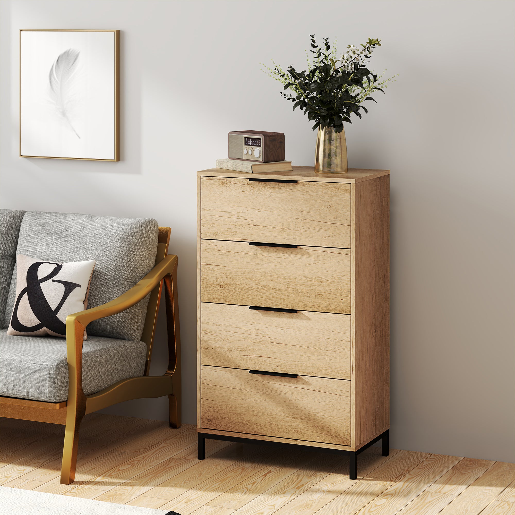 HOMCOM Dresser for Bedroom, 4 Drawer Dresser Tower, Tall Chest of Drawers, Storage Organizer Cabinet for Hallway, Entryway, Closet, Natural Wood Grain