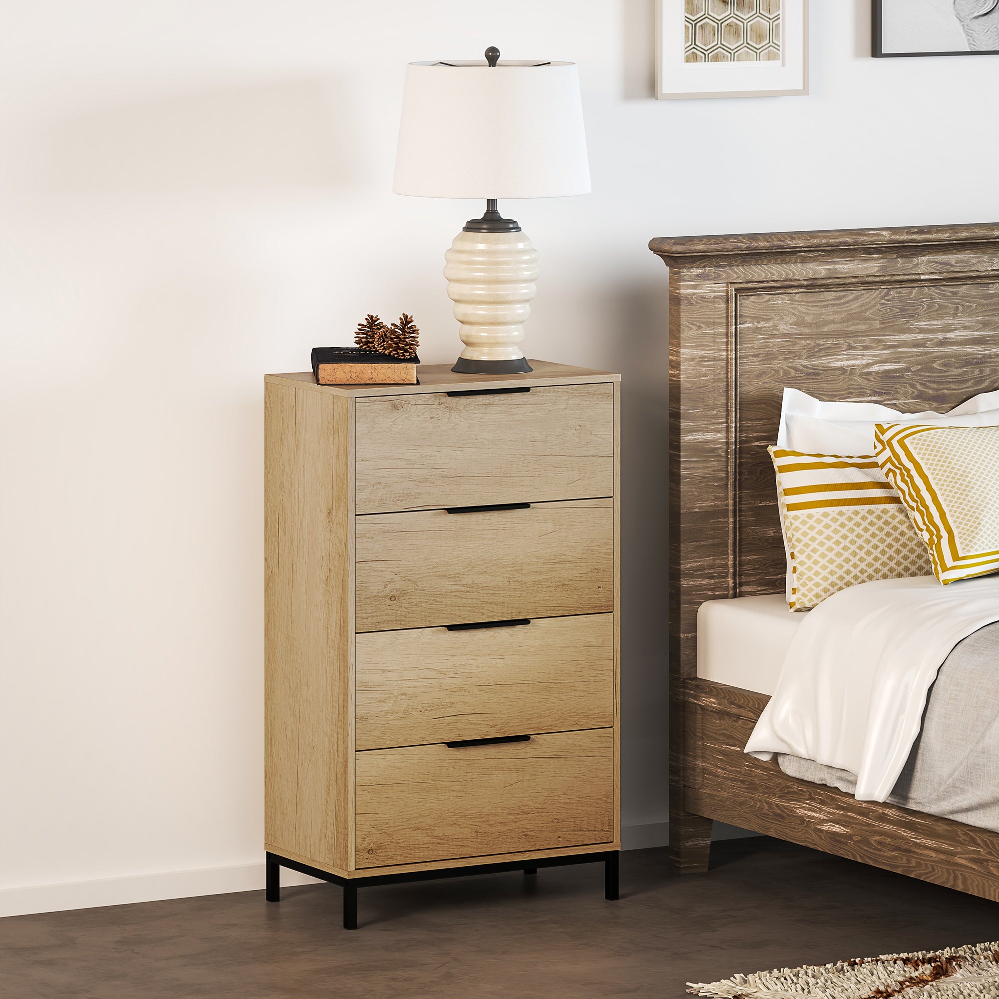 HOMCOM Dresser for Bedroom, 4 Drawer Dresser Tower, Tall Chest of Drawers, Storage Organizer Cabinet for Hallway, Entryway, Closet, Natural Wood Grain
