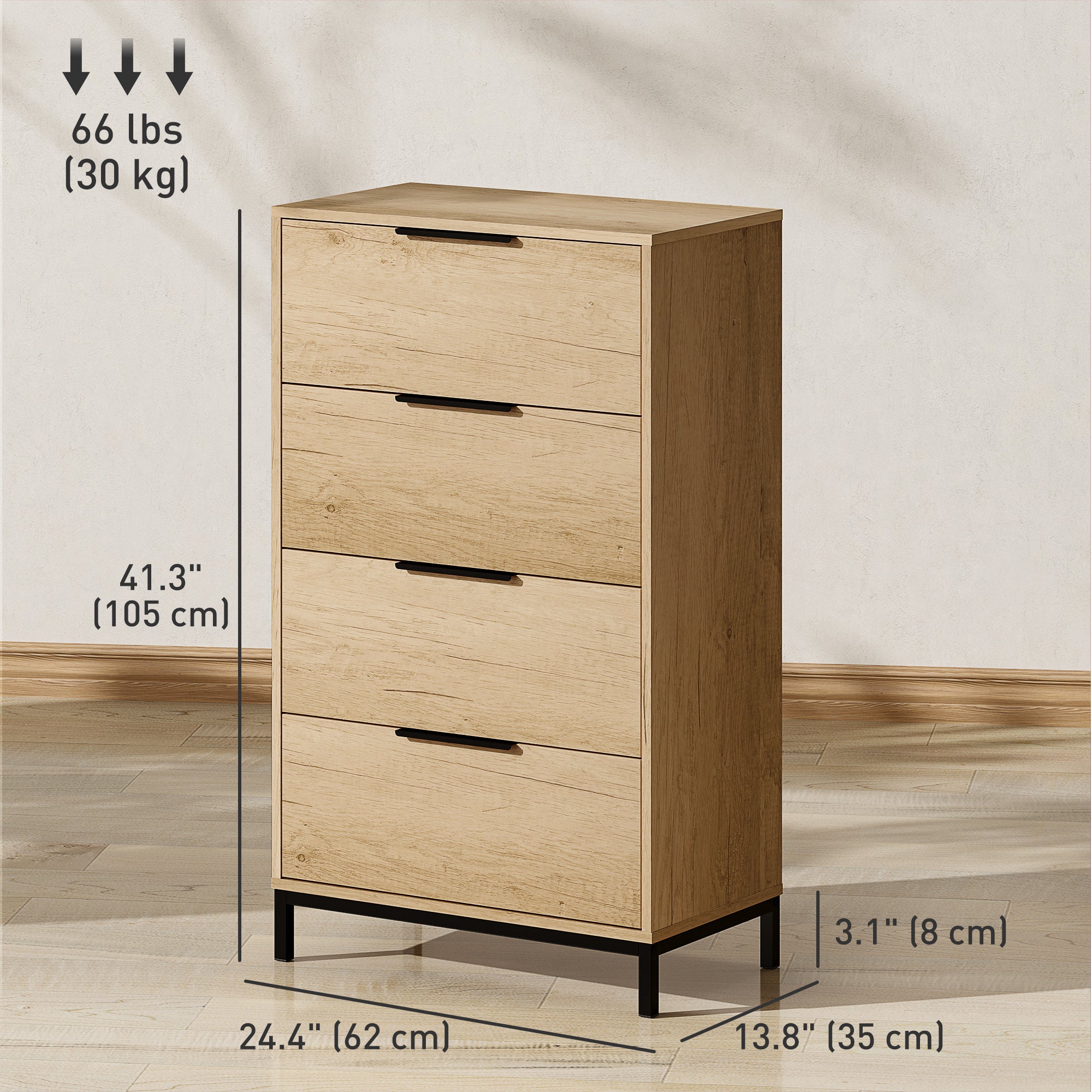 HOMCOM Dresser for Bedroom, 4 Drawer Dresser Tower, Tall Chest of Drawers, Storage Organizer Cabinet for Hallway, Entryway, Closet, Natural Wood Grain