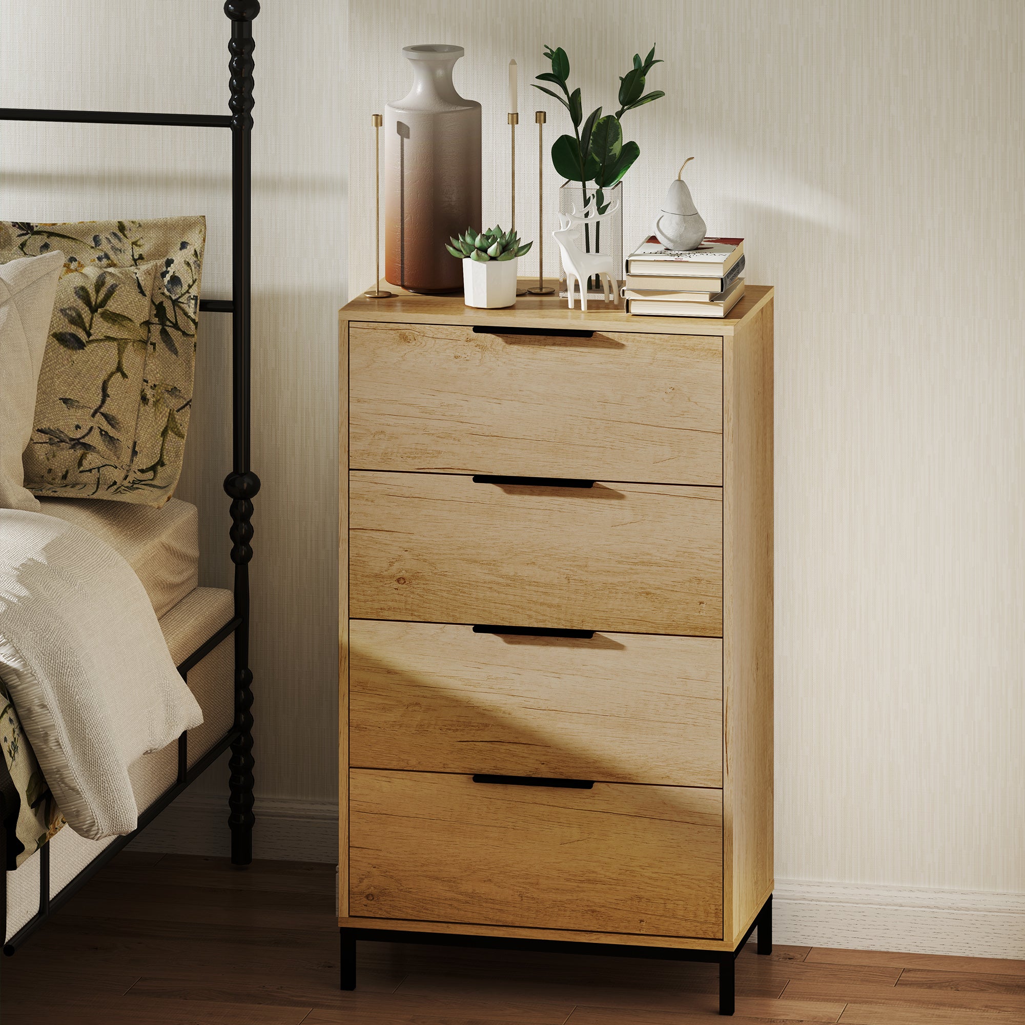 HOMCOM Dresser for Bedroom, 4 Drawer Dresser Tower, Tall Chest of Drawers, Storage Organizer Cabinet for Hallway, Entryway, Closet, Natural Wood Grain