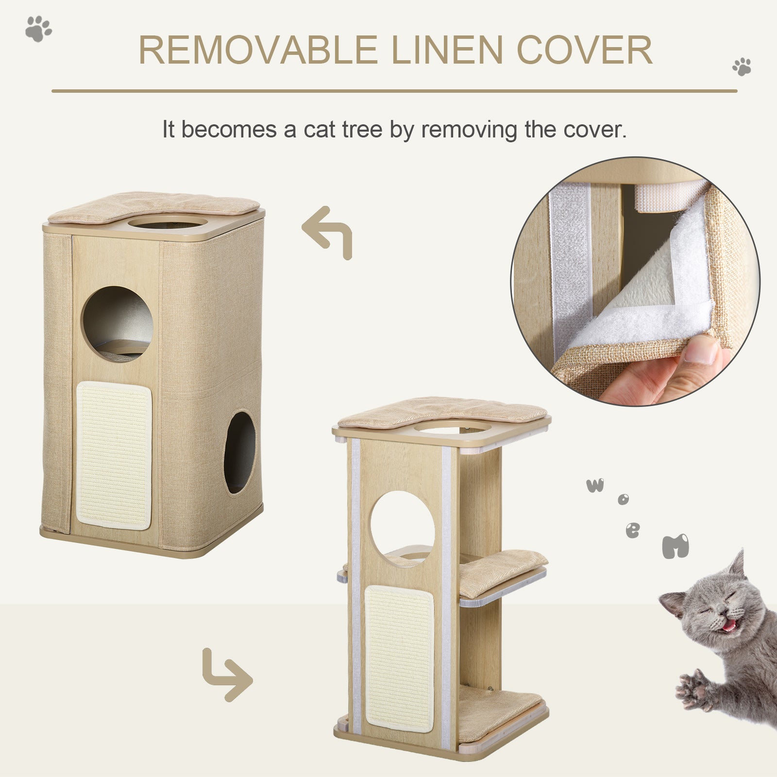 PawHut Wooden Cat Condo 3 Story Barrel Tower w/ Perch Removable Cover Cushions Sisal Scratching Carpet, Brown