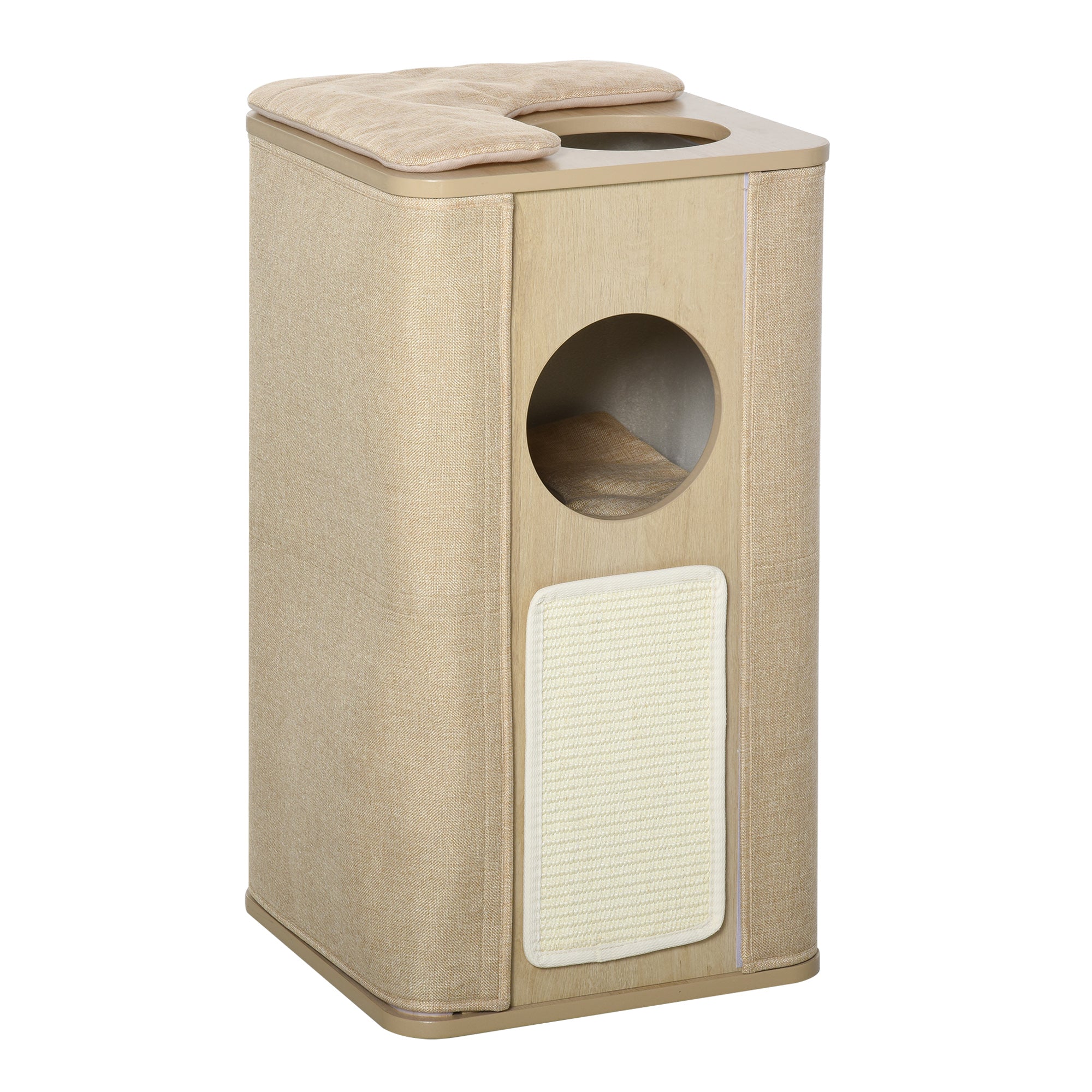 PawHut Wooden Cat Condo 3 Story Barrel Tower w/ Perch Removable Cover Cushions Sisal Scratching Carpet, Brown