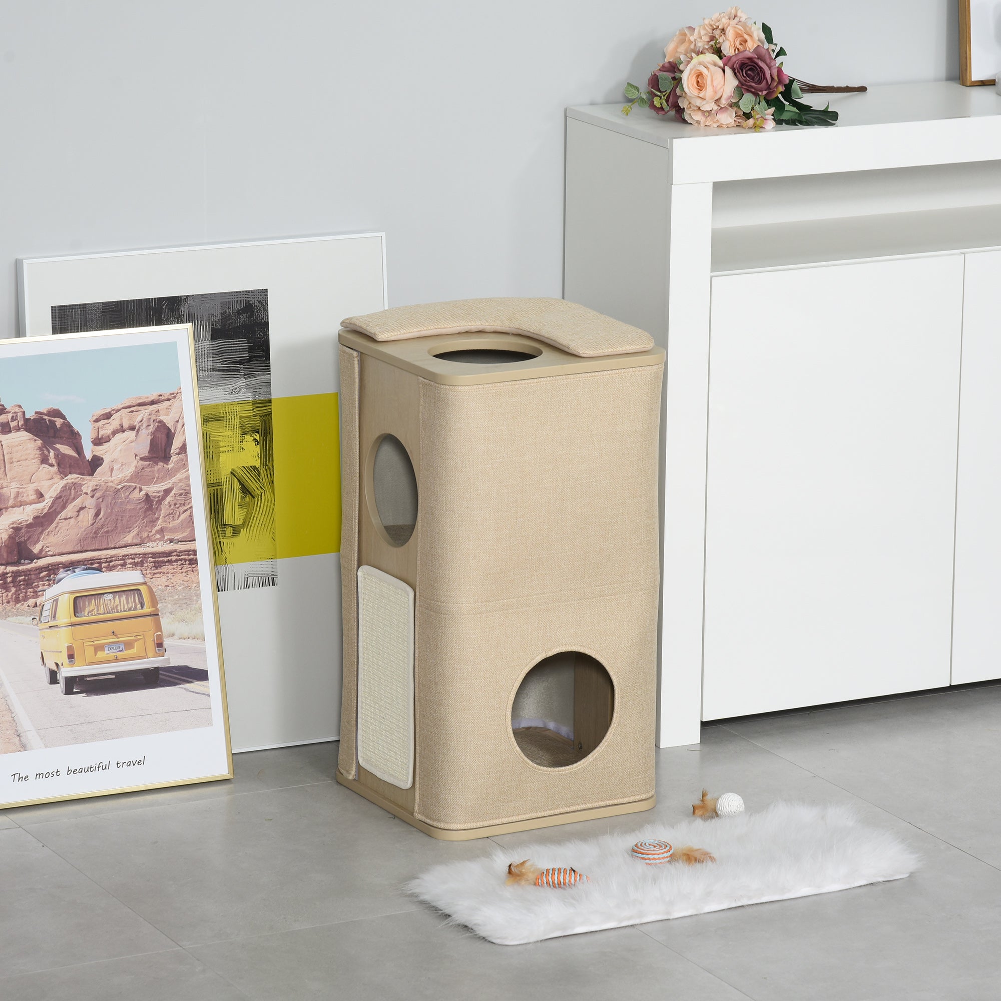 PawHut Wooden Cat Condo 3 Story Barrel Tower w/ Perch Removable Cover Cushions Sisal Scratching Carpet, Brown