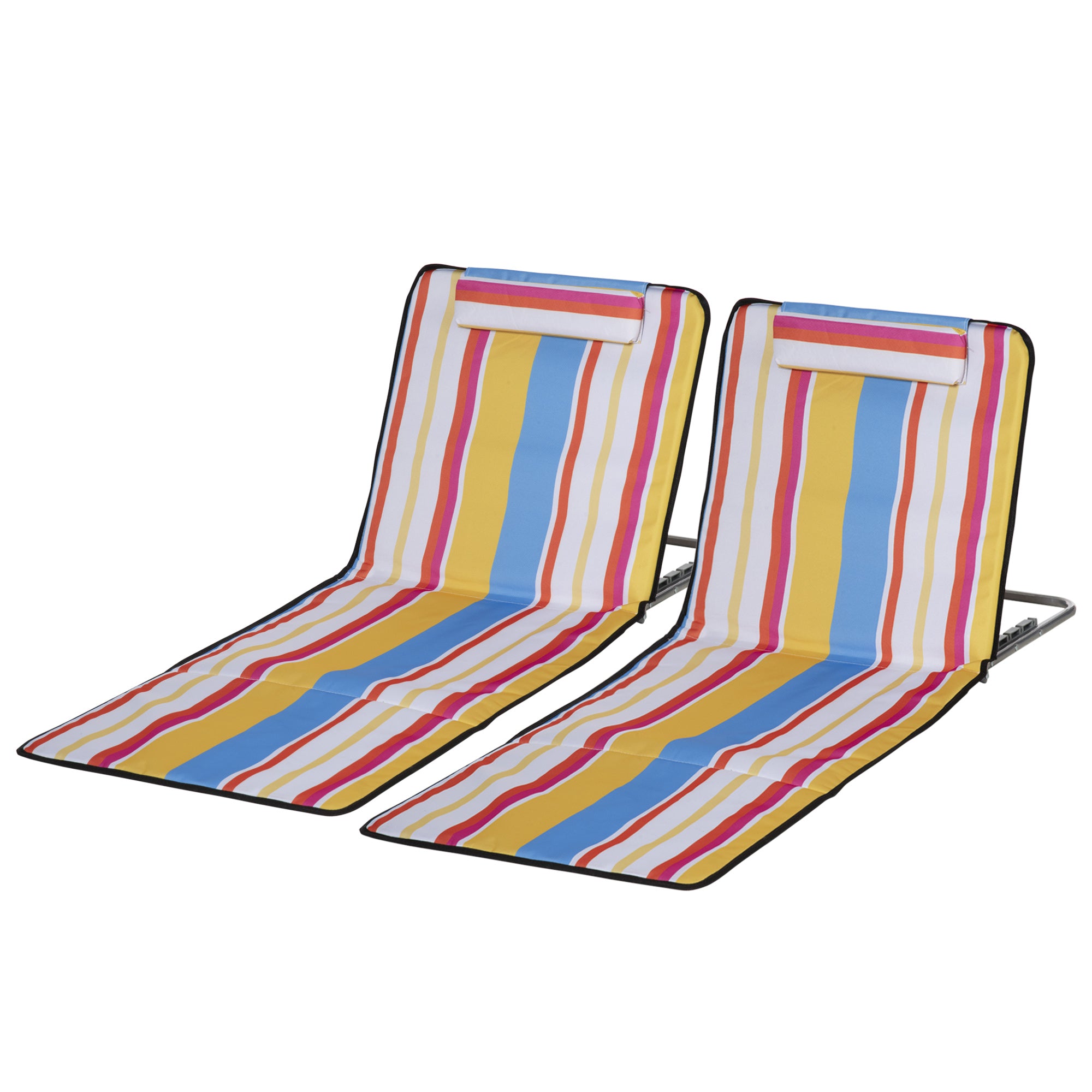 Outsunny Set of 2 Beach Lounge Chair Sun Lounger, Folding Ground Beach Mat w/ Adjustable Back, Steel Frame, Head Pillow and Carry Bag for Backyard Lakeside, Colorful Stripes