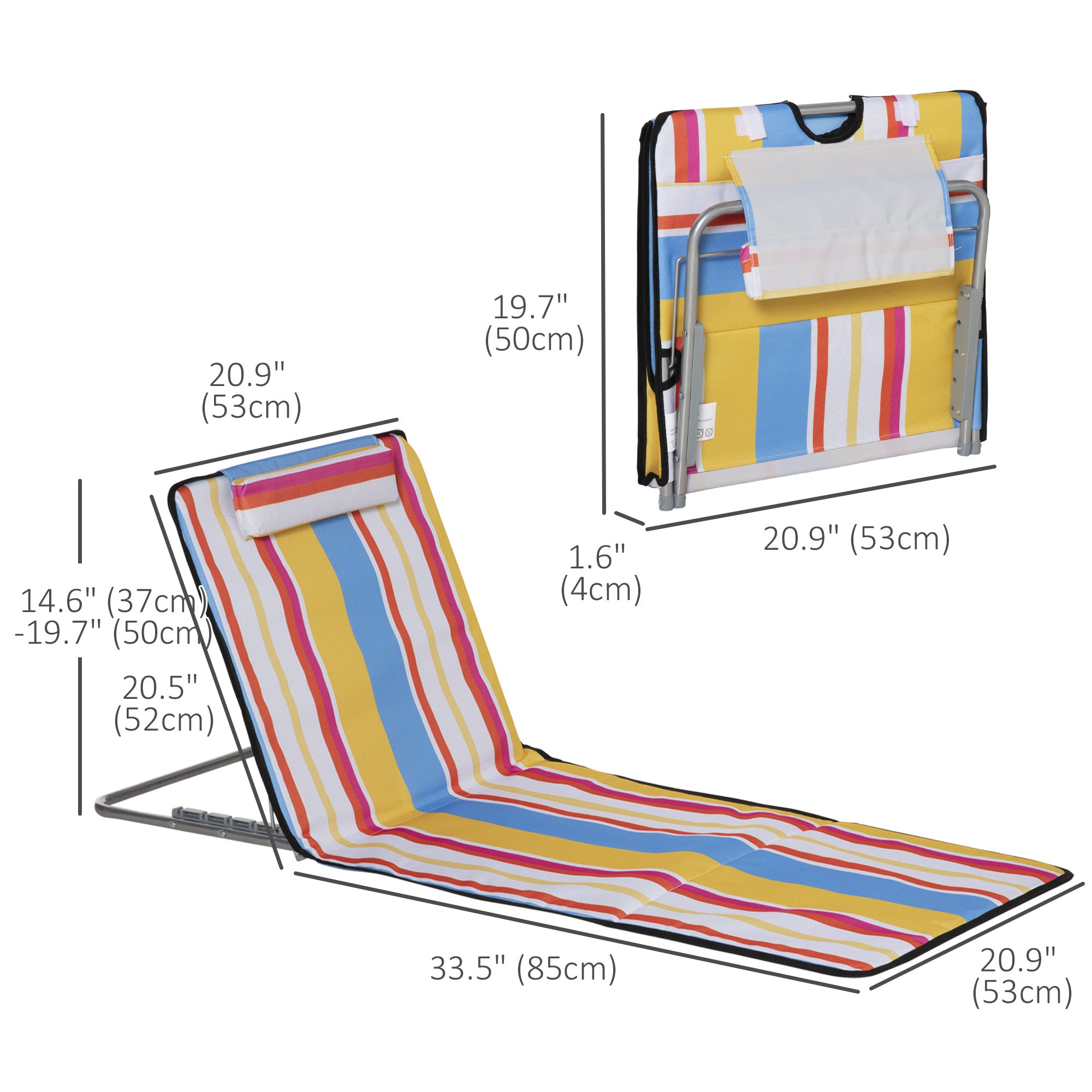 Outsunny Set of 2 Beach Lounge Chair Sun Lounger, Folding Ground Beach Mat w/ Adjustable Back, Steel Frame, Head Pillow and Carry Bag for Backyard Lakeside, Colorful Stripes