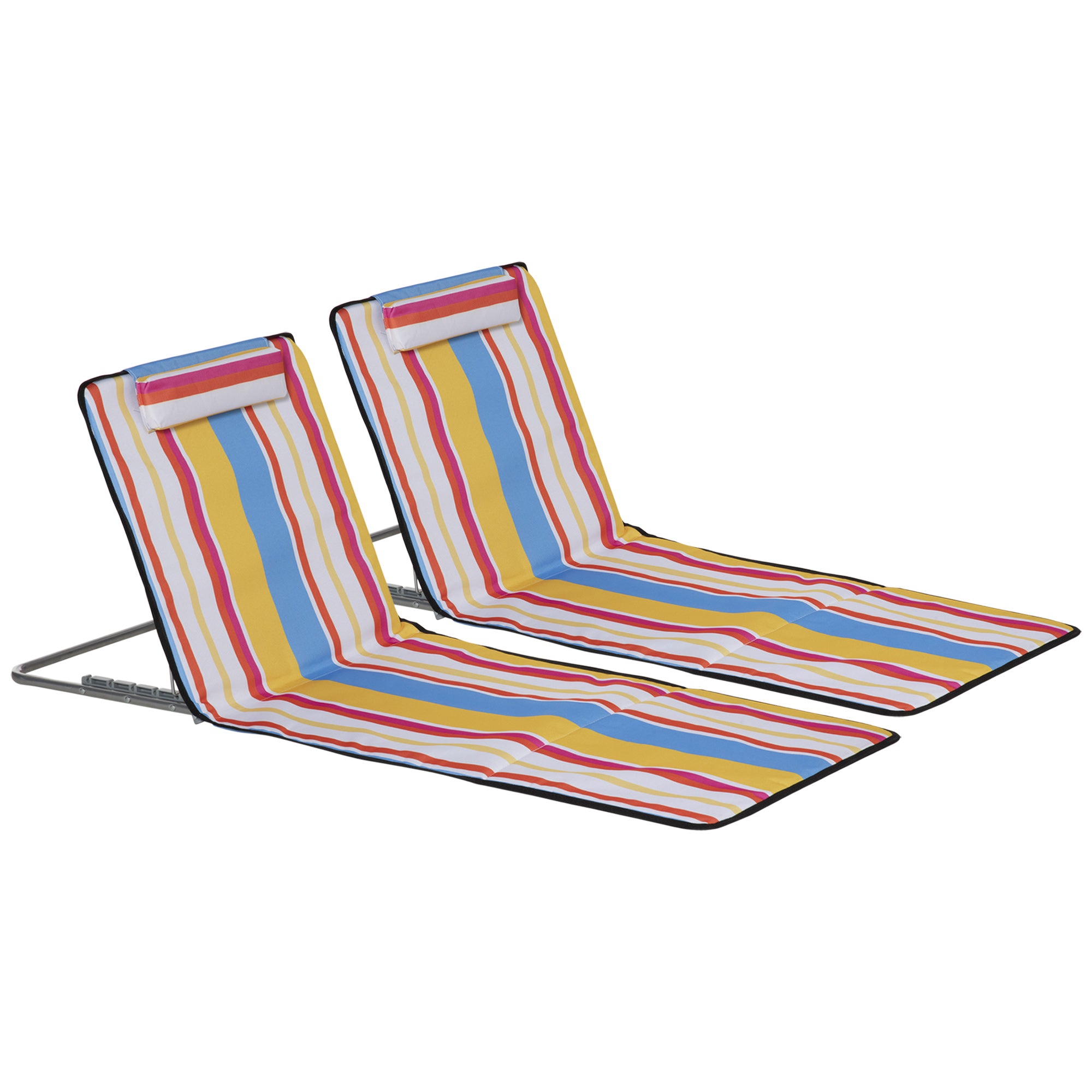 Outsunny Set of 2 Beach Lounge Chair Sun Lounger, Folding Ground Beach Mat w/ Adjustable Back, Steel Frame, Head Pillow and Carry Bag for Backyard Lakeside, Colorful Stripes