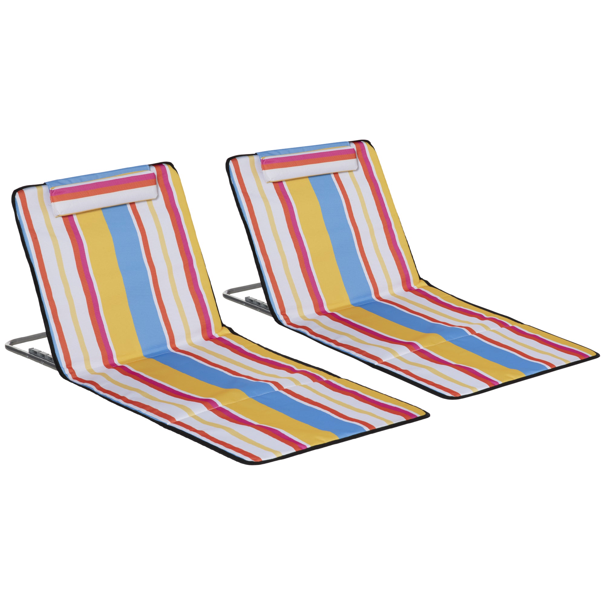 Outsunny Set of 2 Beach Lounge Chair Sun Lounger, Folding Ground Beach Mat w/ Adjustable Back, Steel Frame, Head Pillow and Carry Bag for Backyard Lakeside, Colorful Stripes