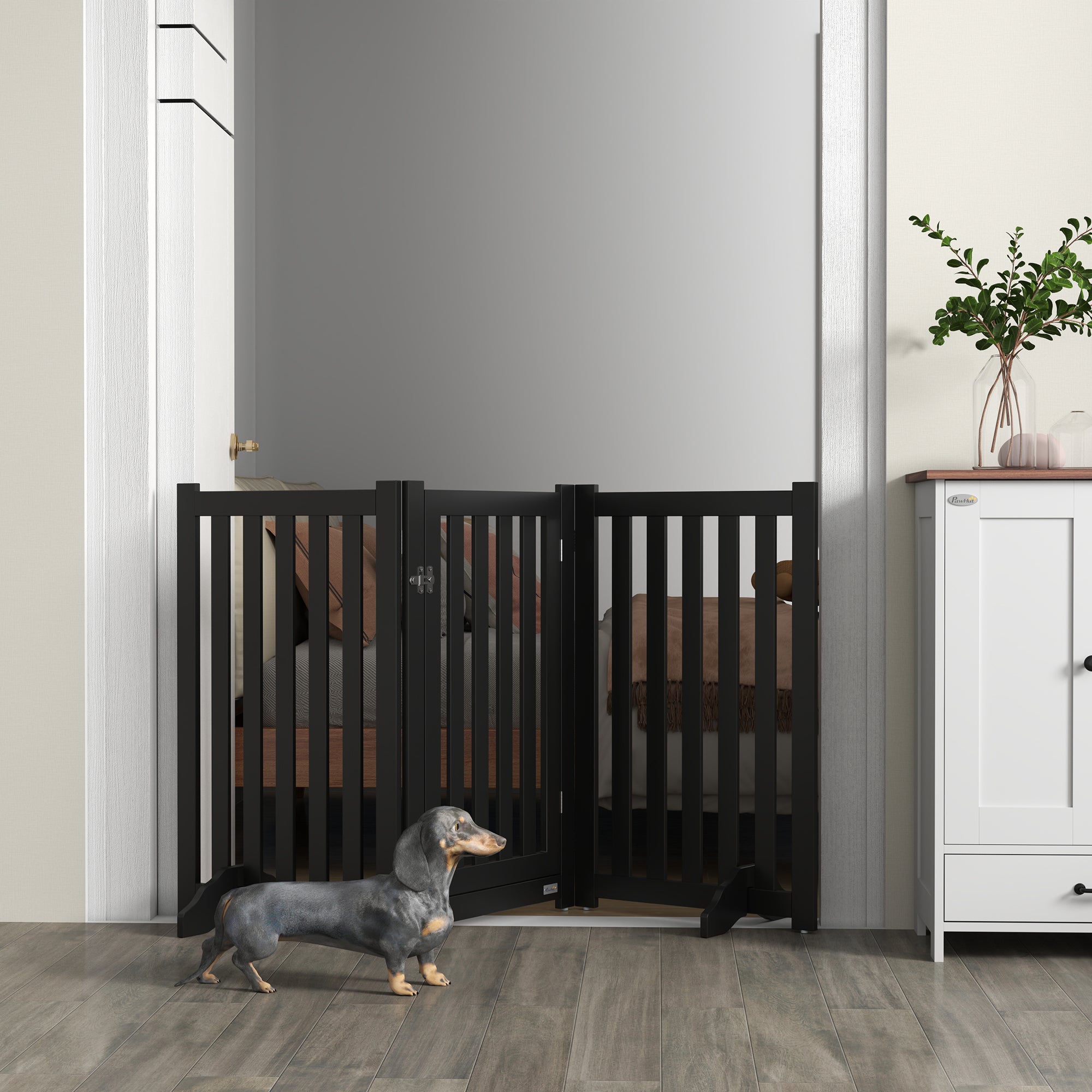 PawHut 31.5"H Foldable Dog Gate with Door, 3 Panels Freestanding Pet Gate Barriers Indoor with Support Feet, Puppy Fence for Small Medium Dogs, Black