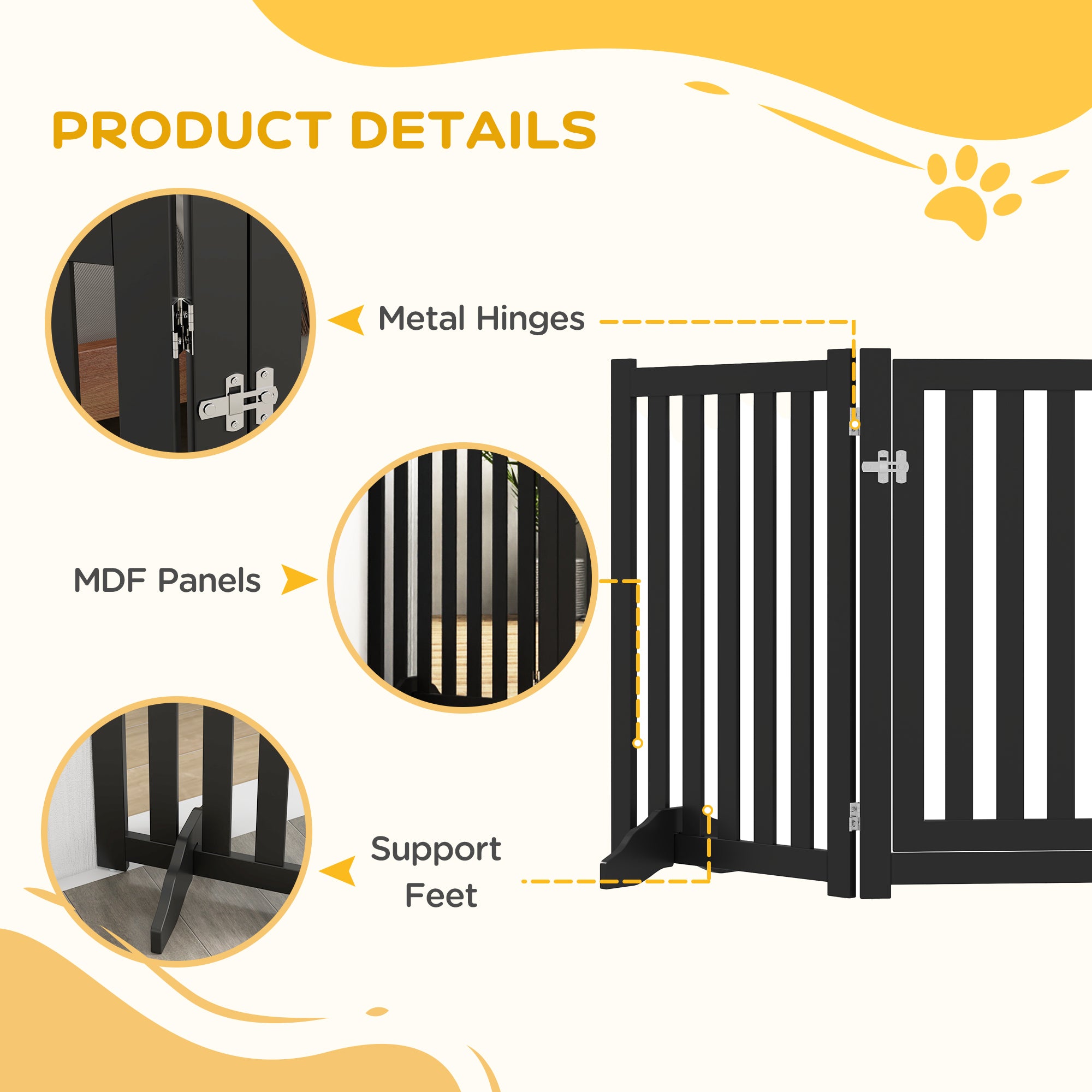 PawHut 31.5"H Foldable Dog Gate with Door, 3 Panels Freestanding Pet Gate Barriers Indoor with Support Feet, Puppy Fence for Small Medium Dogs, Black