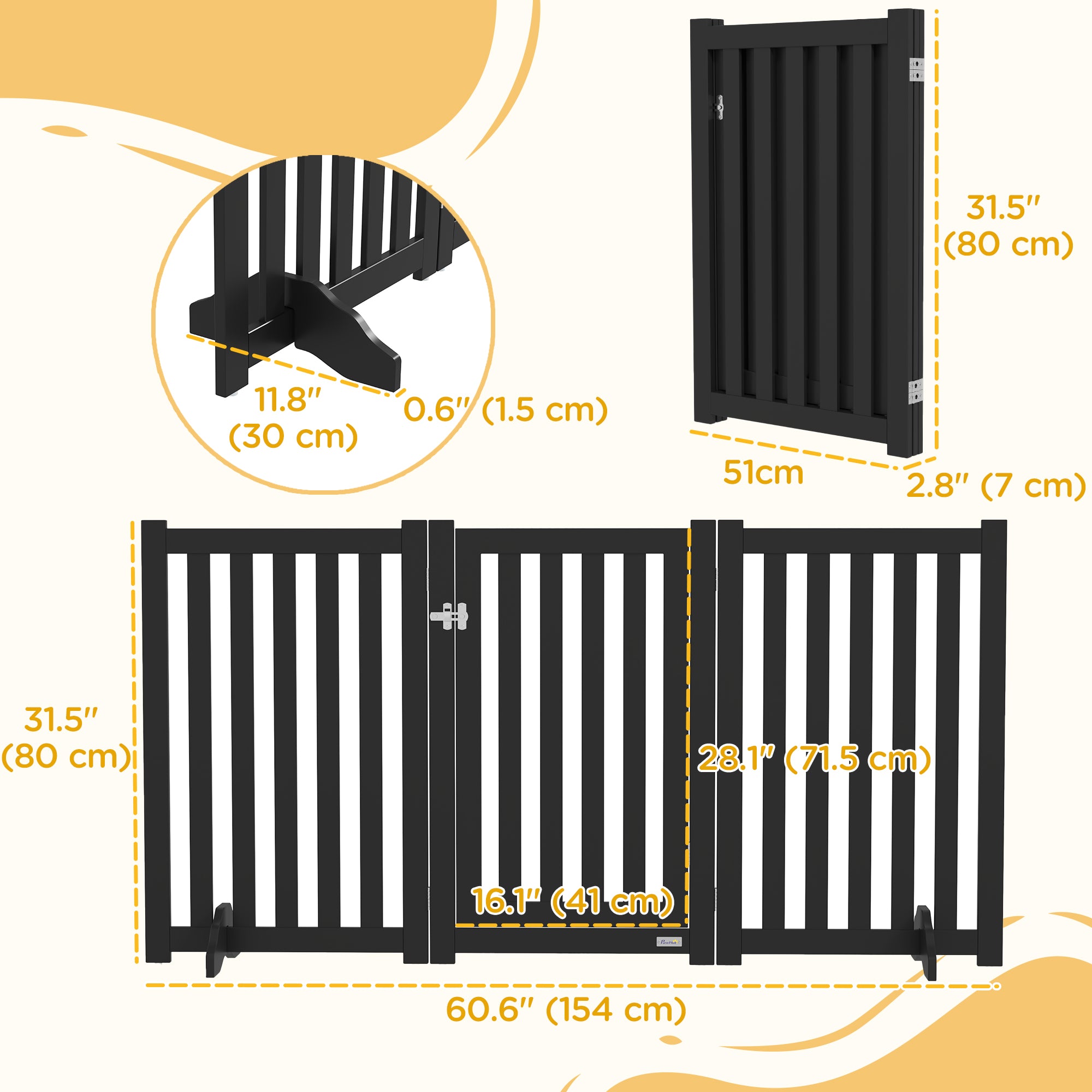 PawHut 31.5"H Foldable Dog Gate with Door, 3 Panels Freestanding Pet Gate Barriers Indoor with Support Feet, Puppy Fence for Small Medium Dogs, Black