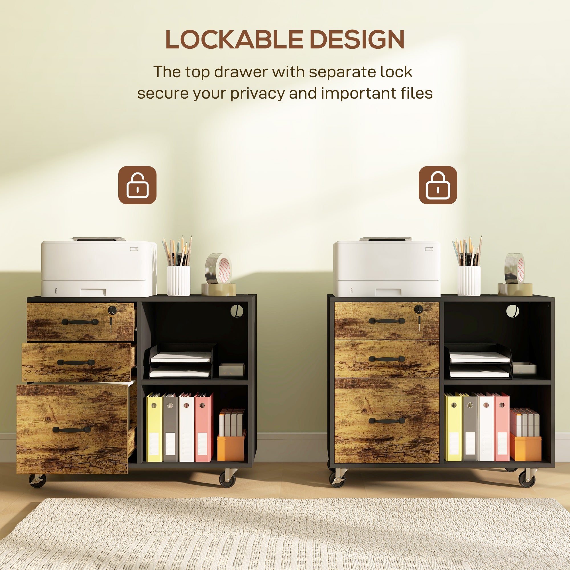 HOMCOM 3 Drawer Lateral Filing Cabinet with Charging Station and USB Ports, Mobile Printer Stand with Open Storage Shelf, Locking File Cabinet for A4, Letter Size, Black