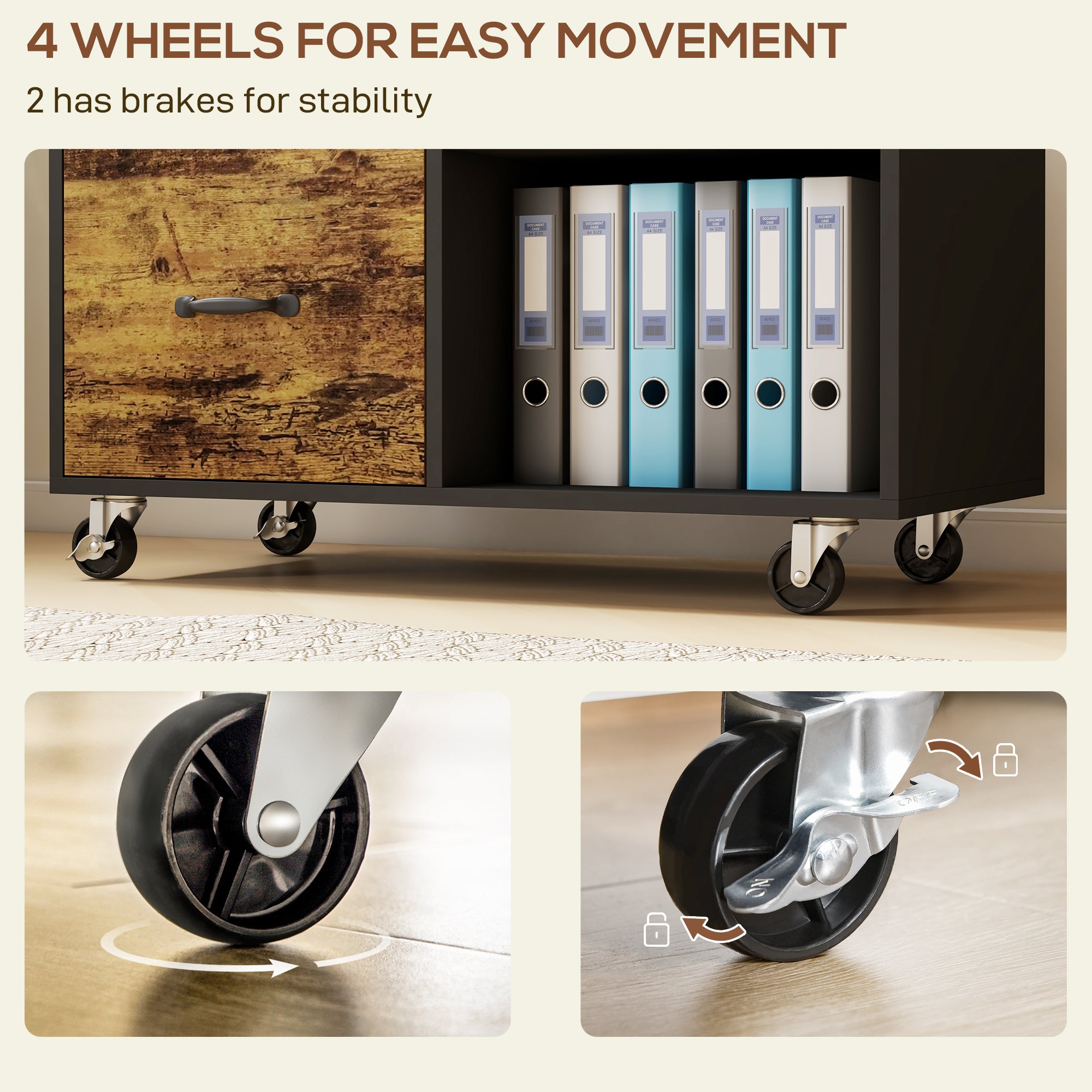 HOMCOM 3 Drawer Lateral Filing Cabinet with Charging Station and USB Ports, Mobile Printer Stand with Open Storage Shelf, Locking File Cabinet for A4, Letter Size, Black