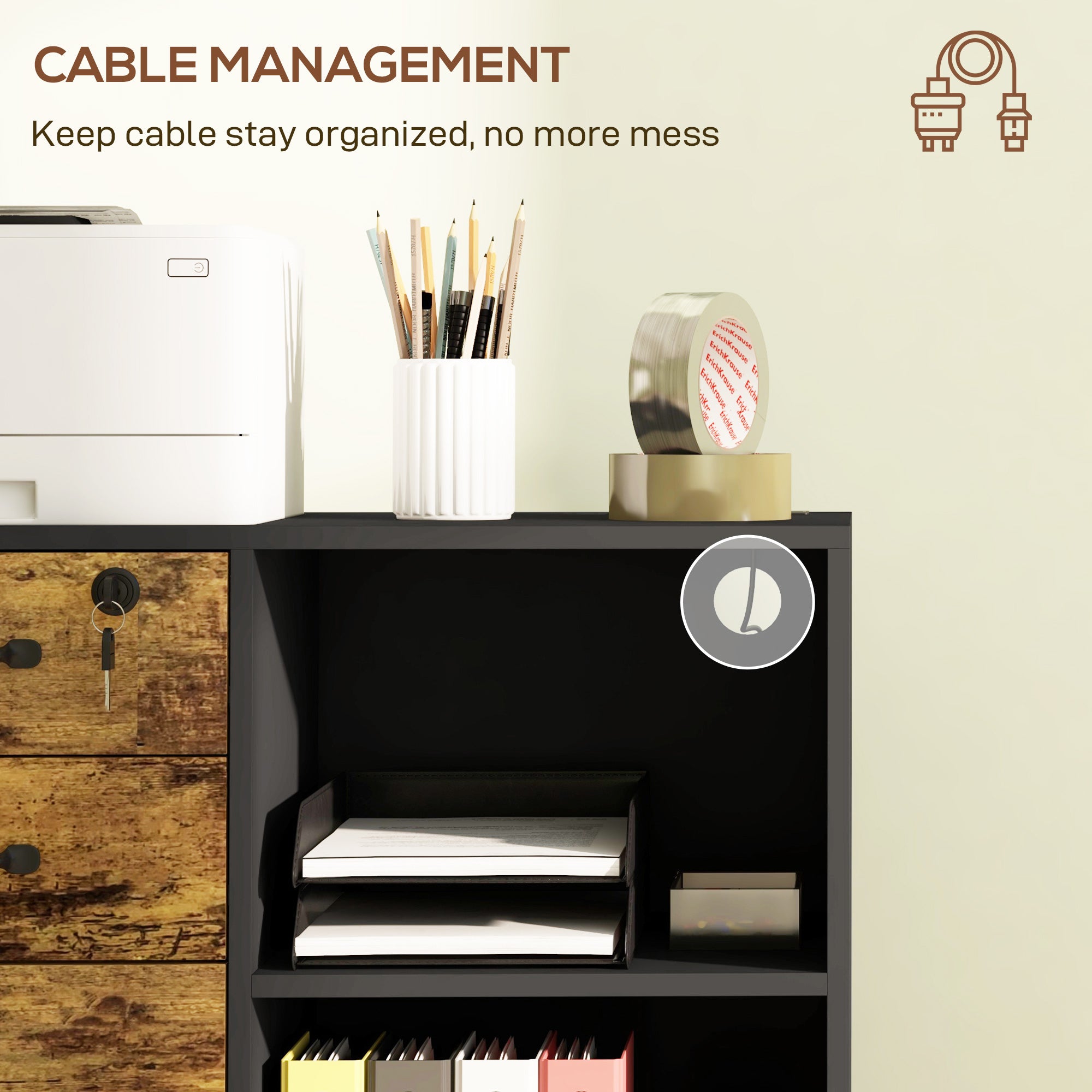 HOMCOM 3 Drawer Lateral Filing Cabinet with Charging Station and USB Ports, Mobile Printer Stand with Open Storage Shelf, Locking File Cabinet for A4, Letter Size, Black