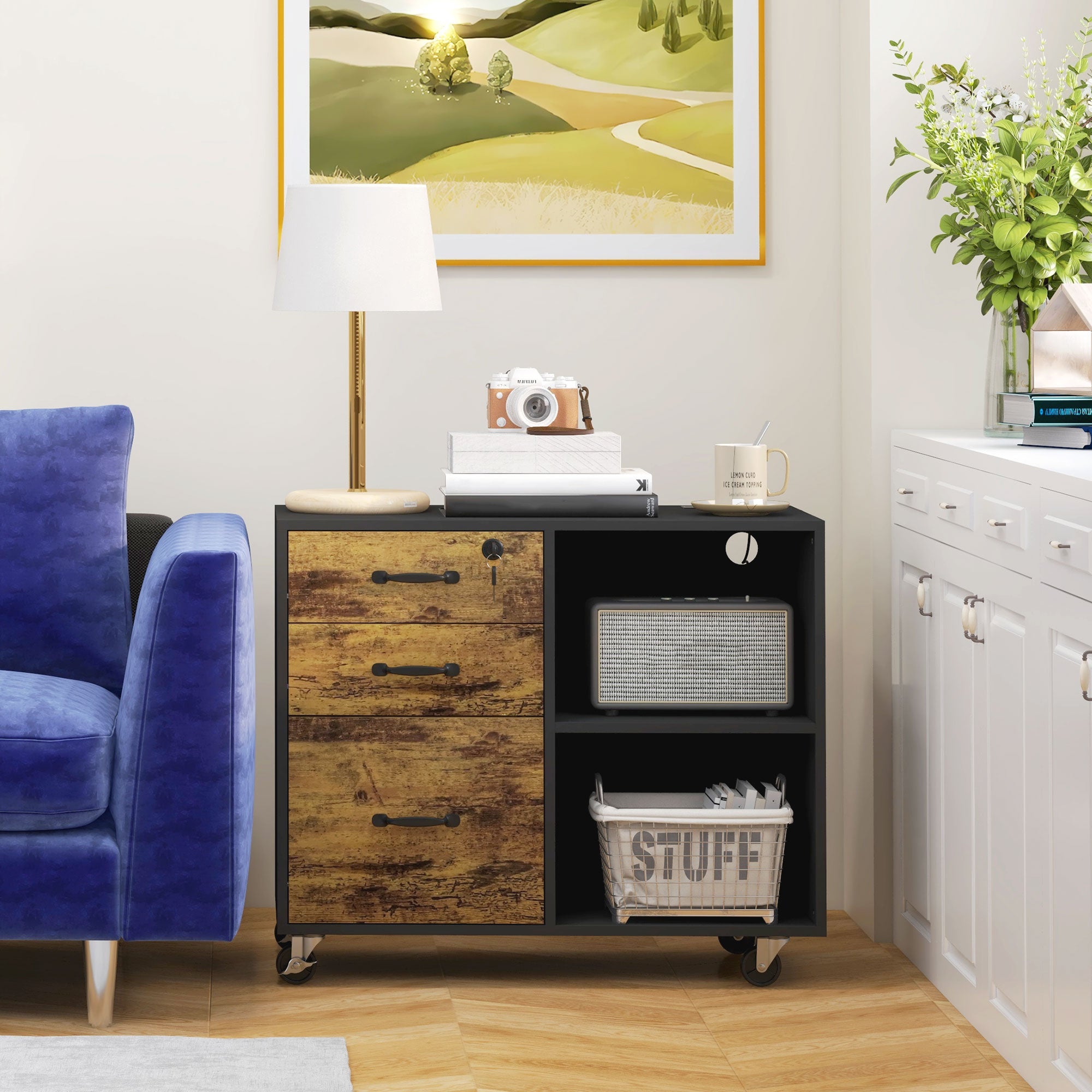 HOMCOM 3 Drawer Lateral Filing Cabinet with Charging Station and USB Ports, Mobile Printer Stand with Open Storage Shelf, Locking File Cabinet for A4, Letter Size, Black