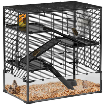 PawHut Large Hamster Cage with Deep Tempered Glass Bottom, 4 Tiers Hamster Tank with Running Wheel, Hut, Water Bottle, Dish, Rat Cage for Syrian, Dwarf, Gerbils, Mouse, 31" x 19" x 31.5", Black