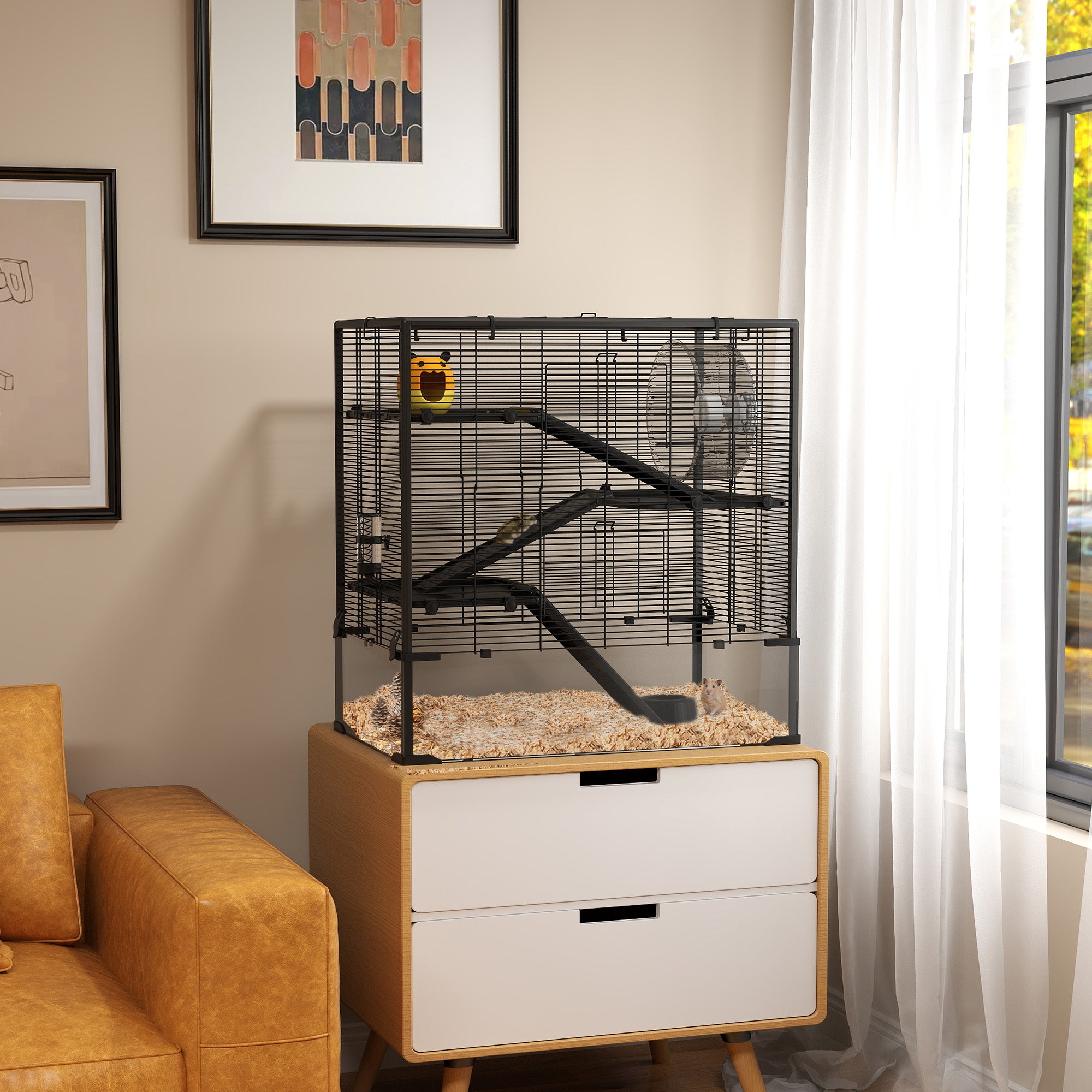 PawHut Large Hamster Cage with Deep Tempered Glass Bottom, 4 Tiers Hamster Tank with Running Wheel, Hut, Water Bottle, Dish, Rat Cage for Syrian, Dwarf, Gerbils, Mouse, 31" x 19" x 31.5", Black