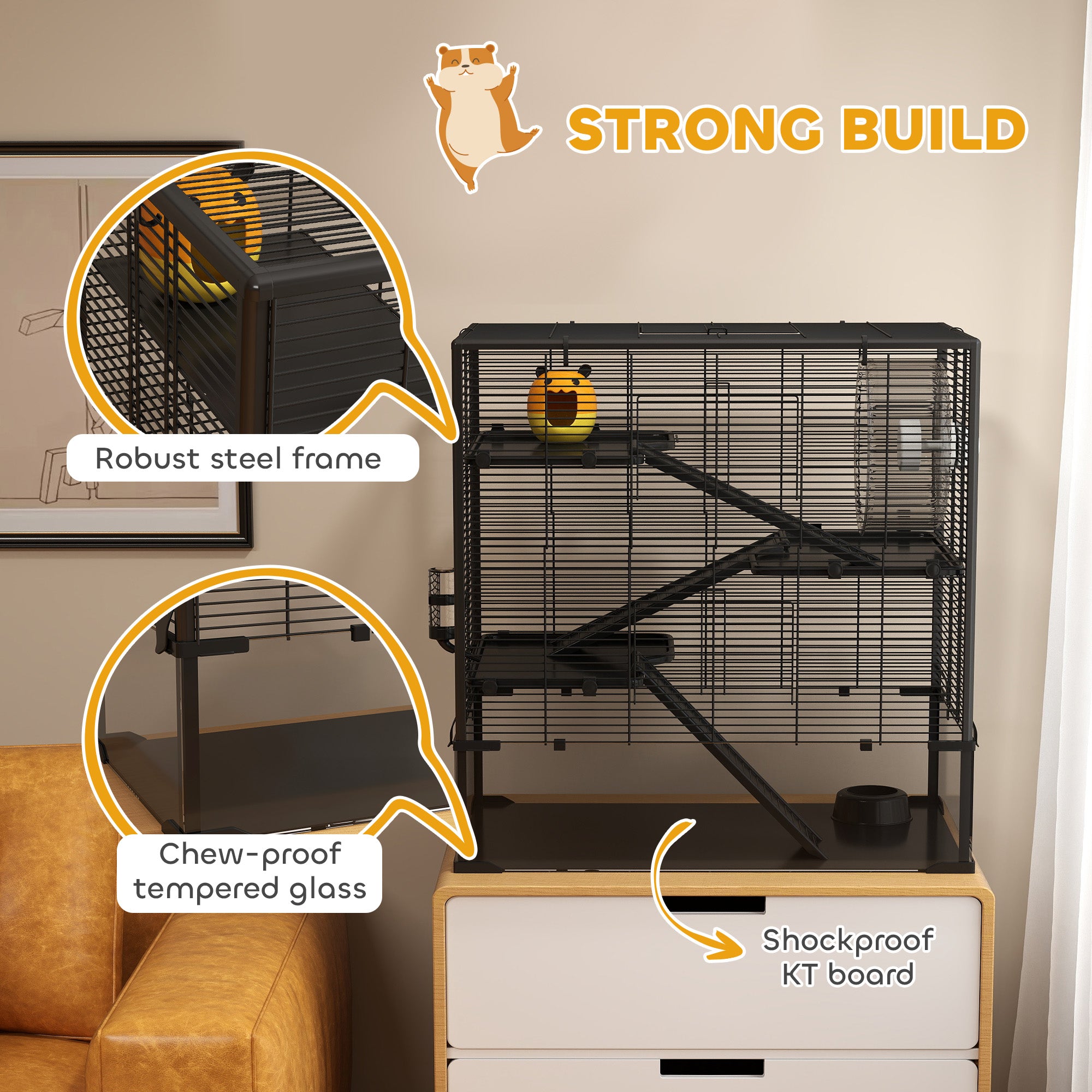 PawHut Large Hamster Cage with Deep Tempered Glass Bottom, 4 Tiers Hamster Tank with Running Wheel, Hut, Water Bottle, Dish, Rat Cage for Syrian, Dwarf, Gerbils, Mouse, 31" x 19" x 31.5", Black