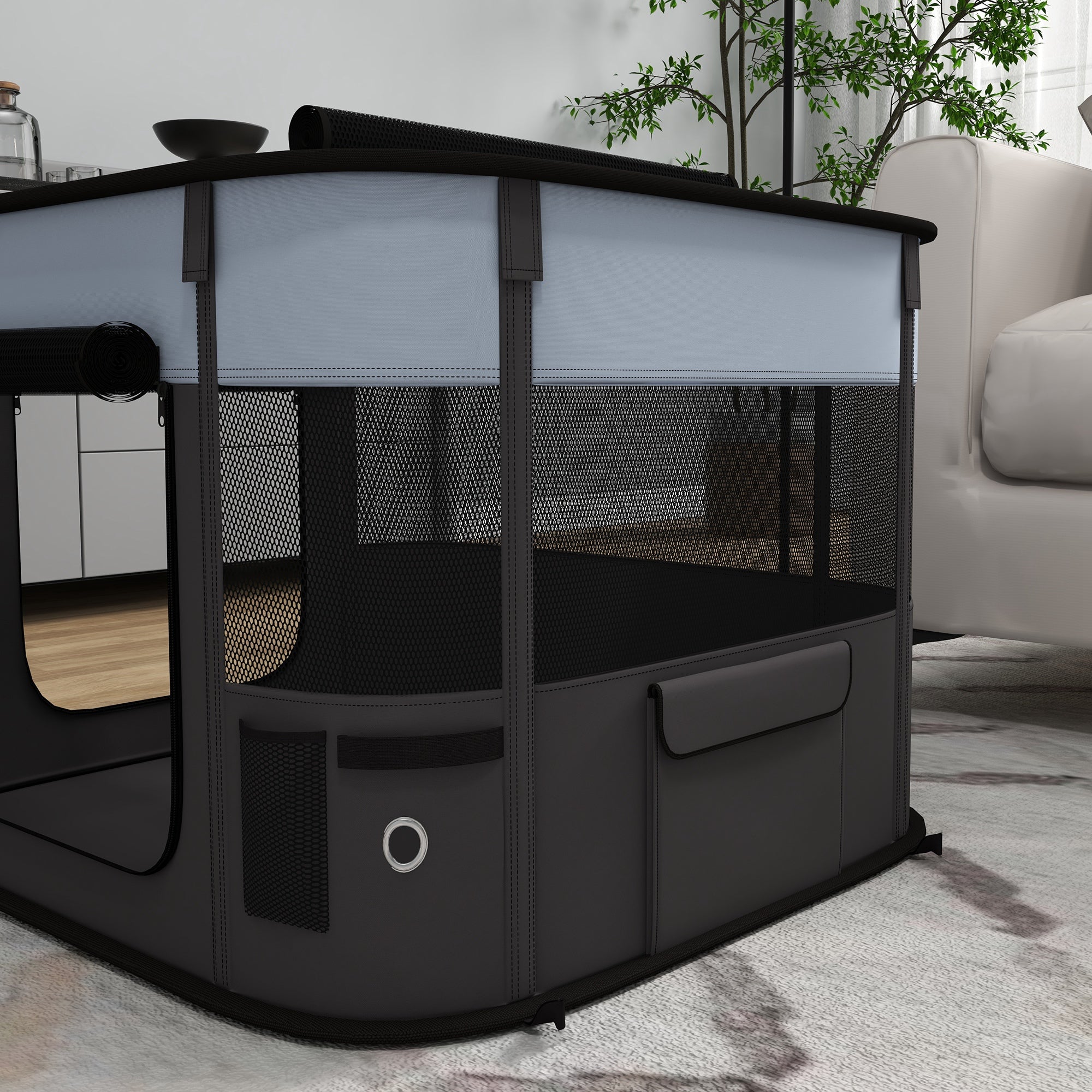 PawHut Dog Pen, Pet Playpen, Portable Foldable Dog Cat Playpen Soft Dog Cage with Storage Bag for Puppies, Rabbits, Kittens, Guinea Pigs, 74 x 60 x 45cm - Grey