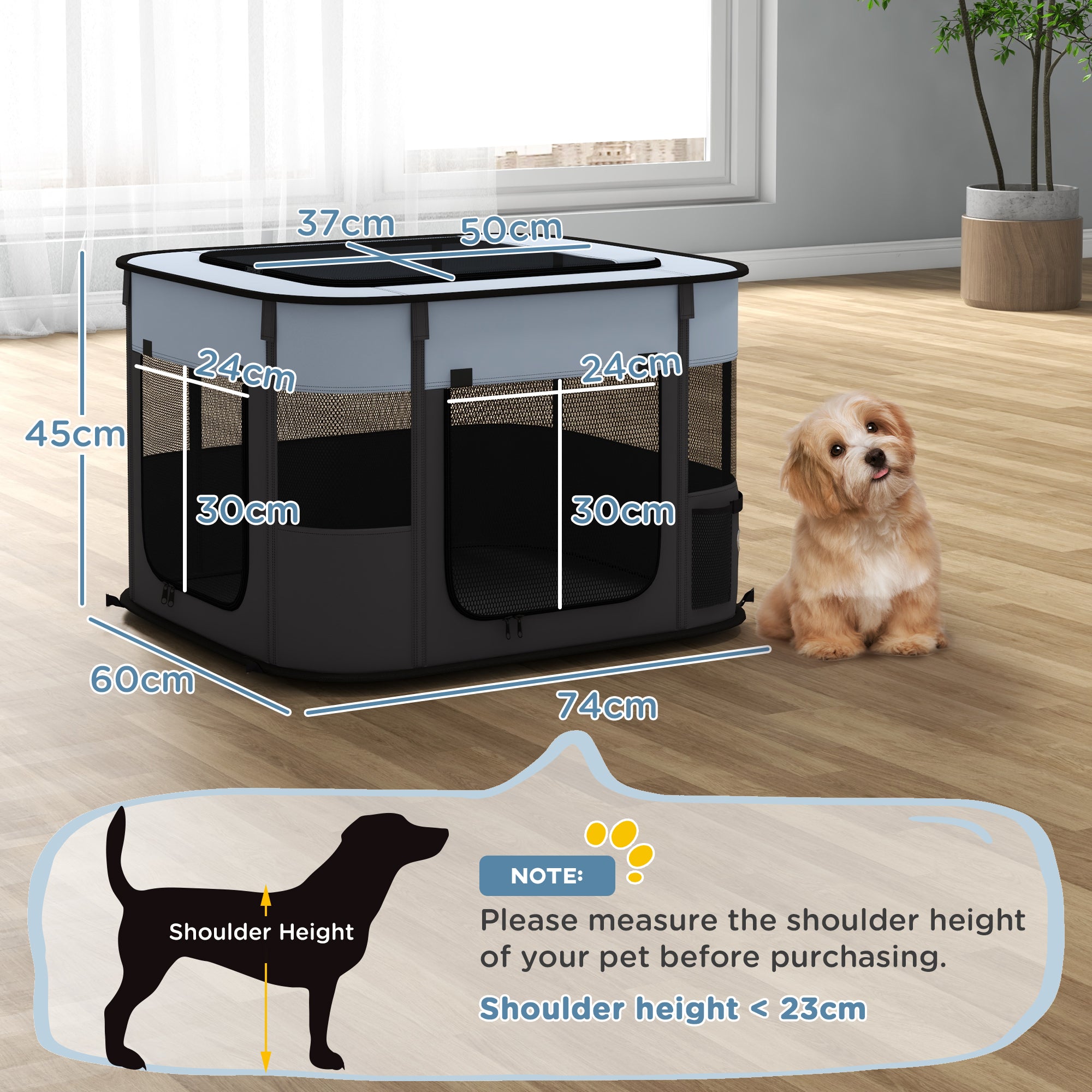 PawHut Dog Pen, Pet Playpen, Portable Foldable Dog Cat Playpen Soft Dog Cage with Storage Bag for Puppies, Rabbits, Kittens, Guinea Pigs, 74 x 60 x 45cm - Grey