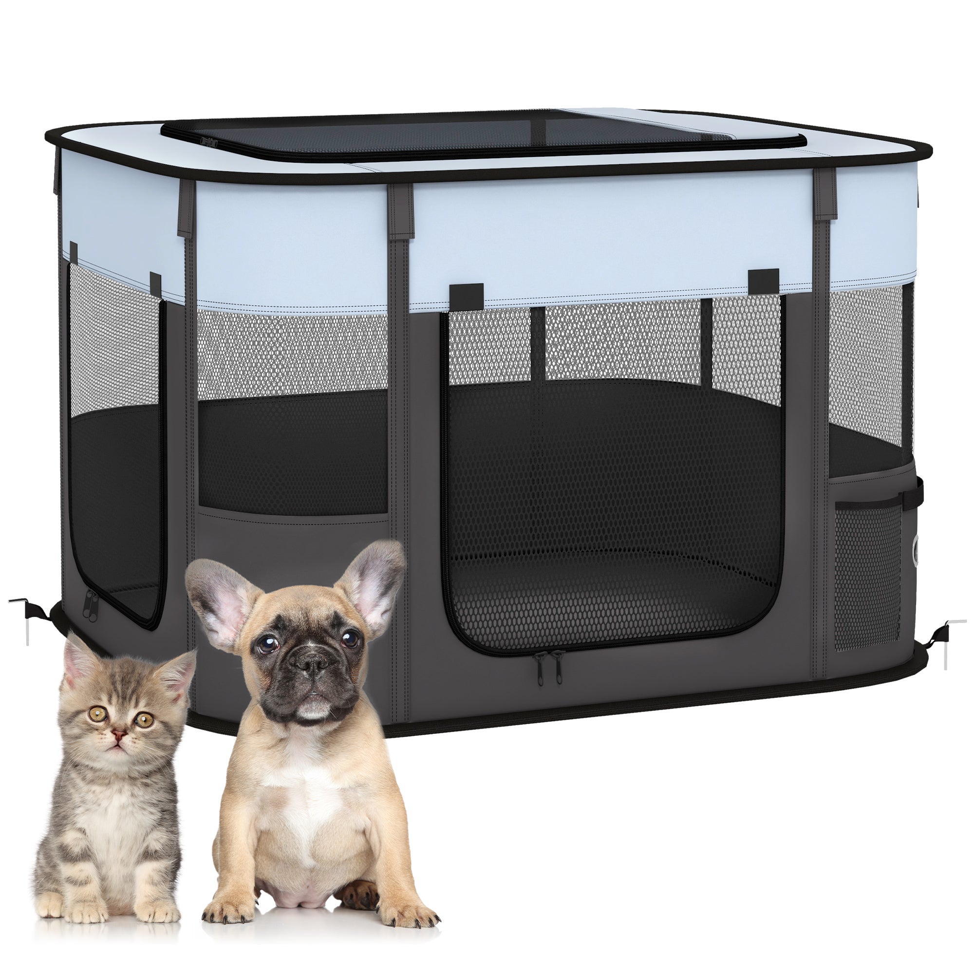 PawHut Dog Pen, Pet Playpen, Portable Foldable Dog Cat Playpen Soft Dog Cage with Storage Bag for Puppies, Rabbits, Kittens, Guinea Pigs, 74 x 60 x 45cm - Grey