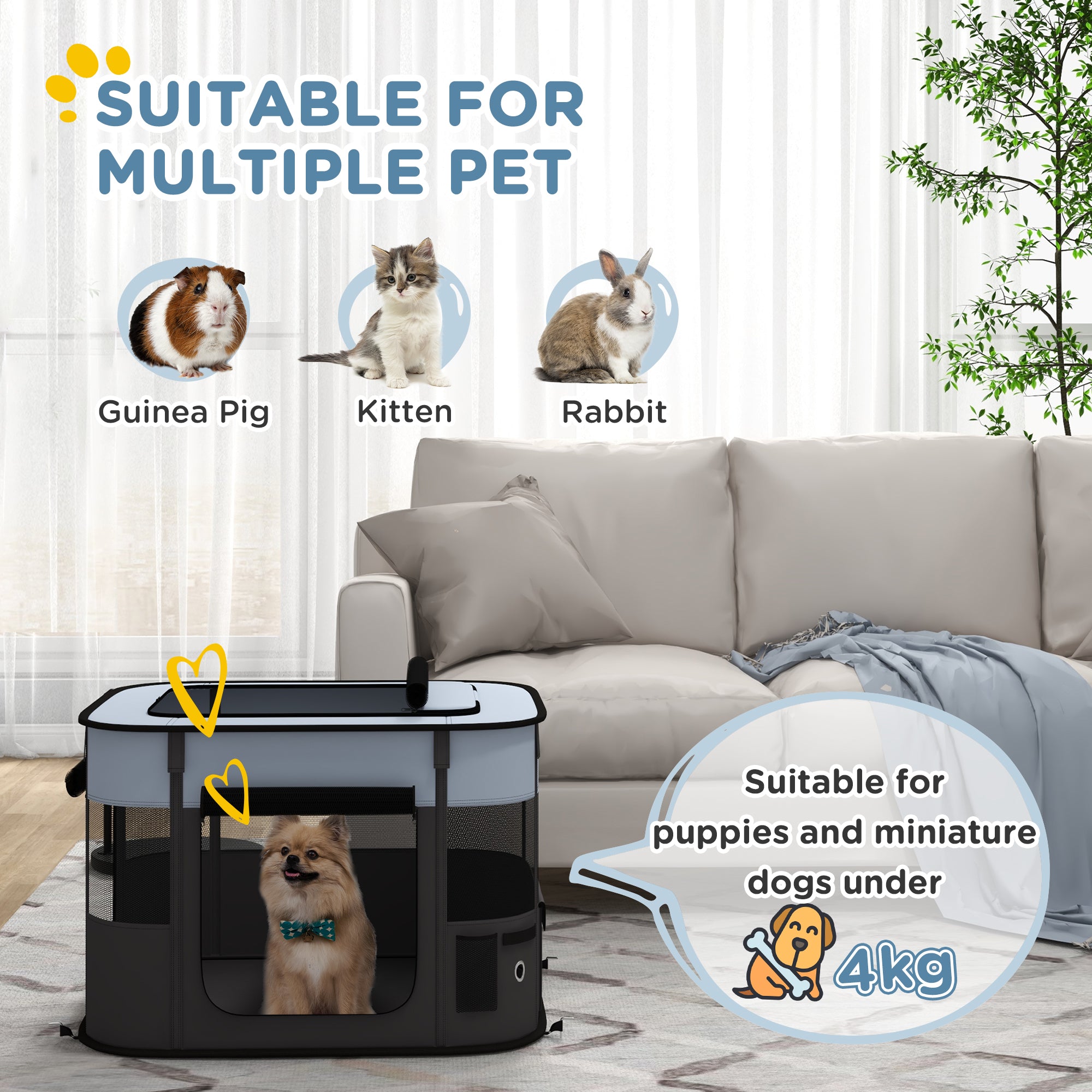 PawHut Dog Pen, Pet Playpen, Portable Foldable Dog Cat Playpen Soft Dog Cage with Storage Bag for Puppies, Rabbits, Kittens, Guinea Pigs, 74 x 60 x 45cm - Grey