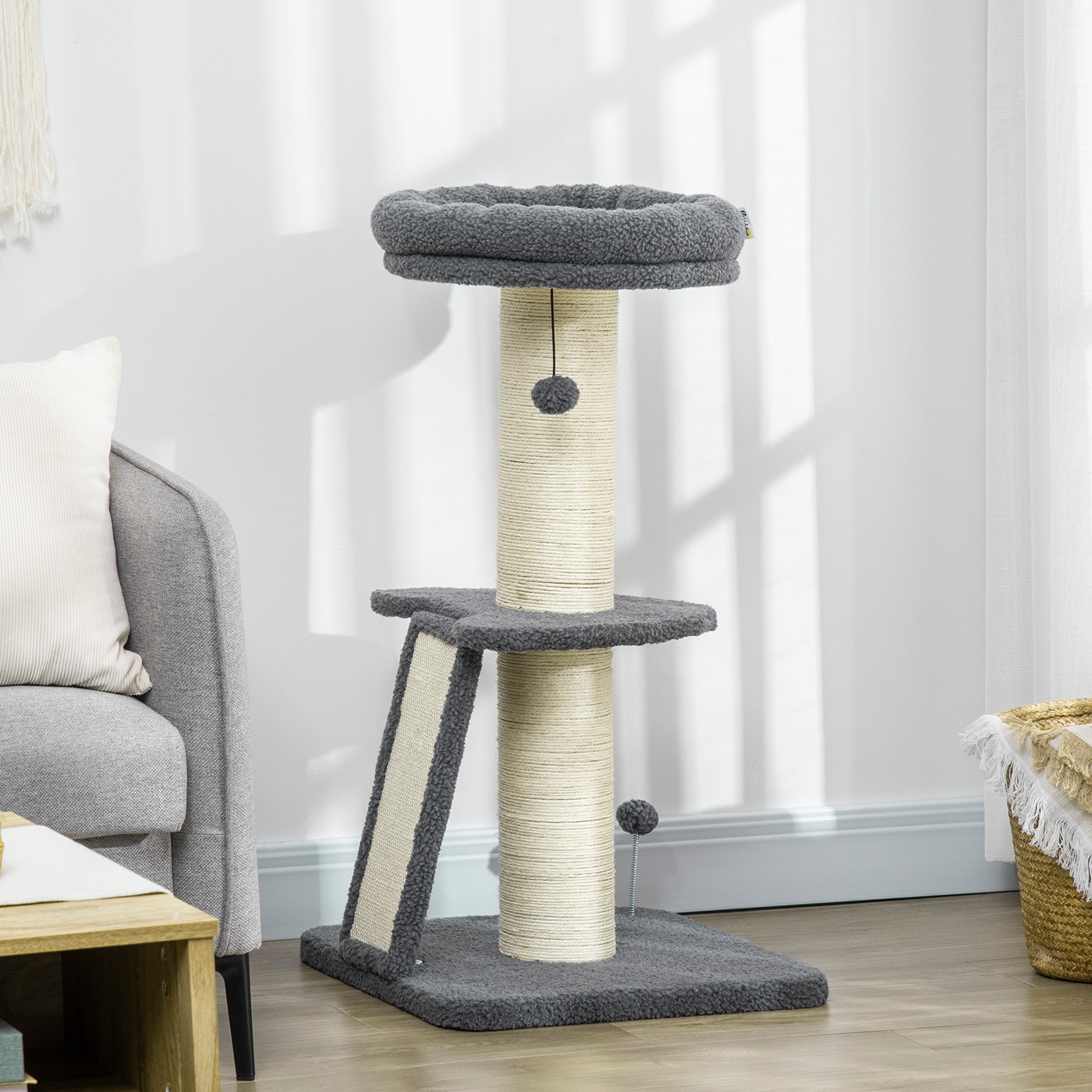 PawHut Cat Tree Tower, Cat Activity Centre, with Sisal Scratching Post, Multi Level Cat Climbing Frame Indoor, 48 x 48 x 92 cm, Dark Grey