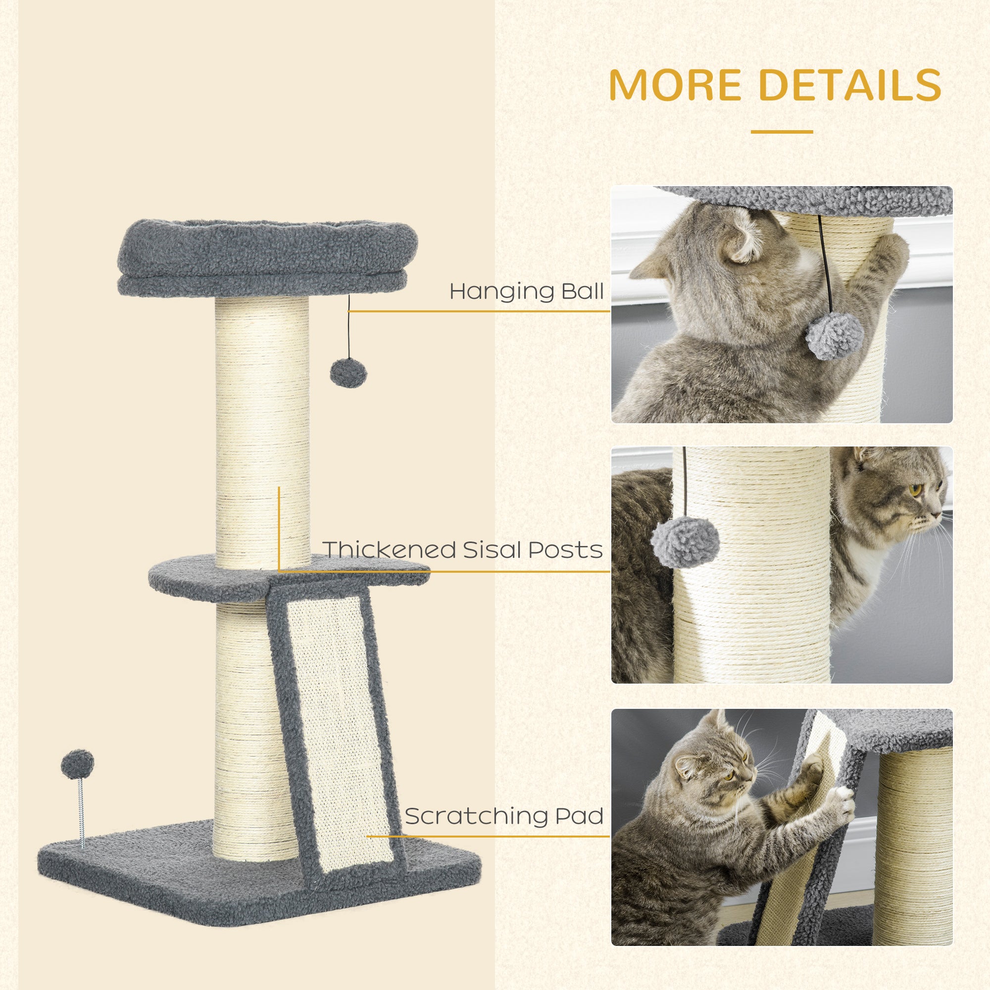 PawHut Cat Tree Tower, Cat Activity Centre, with Sisal Scratching Post, Multi Level Cat Climbing Frame Indoor, 48 x 48 x 92 cm, Dark Grey