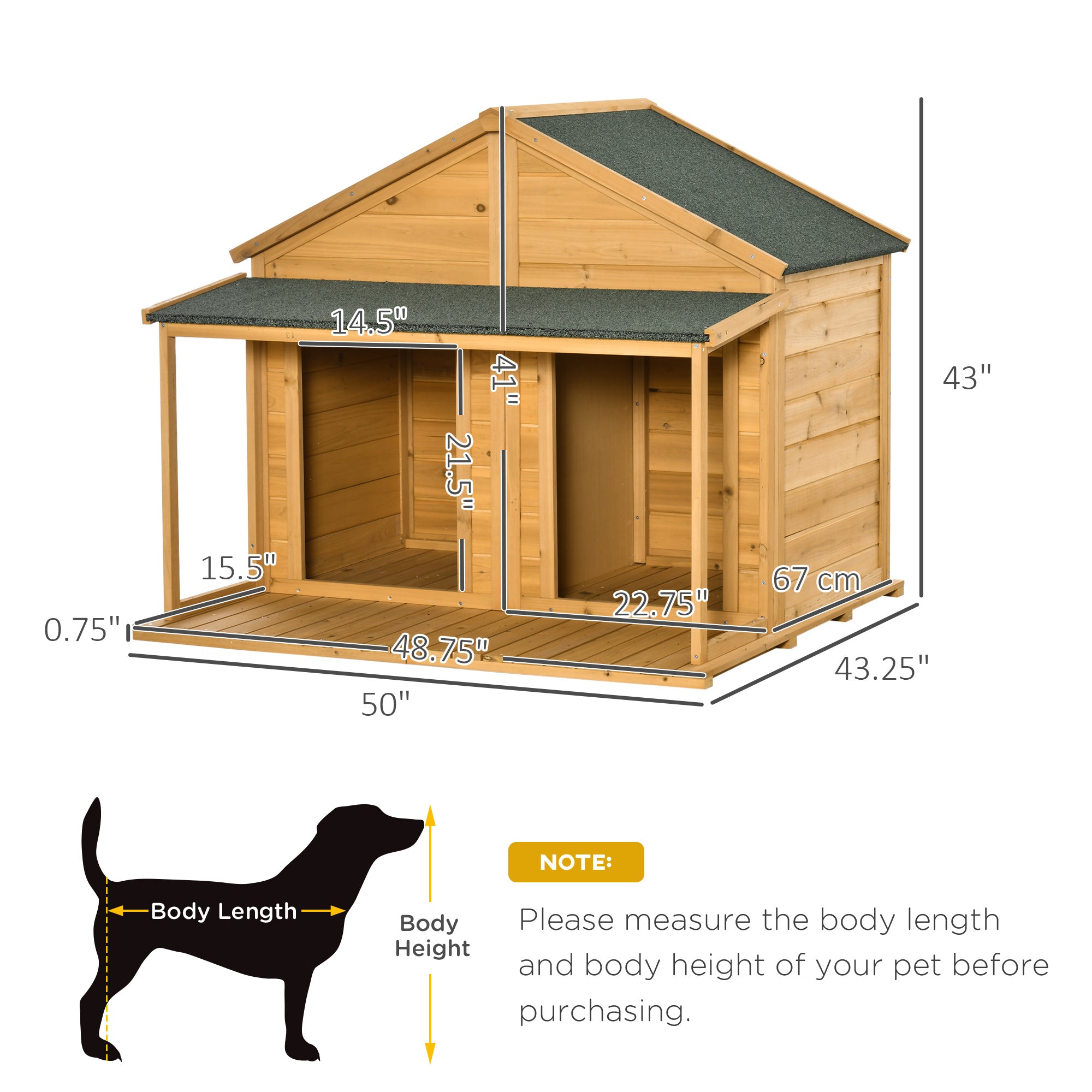 PawHut 50" Wooden Dog House Outdoor for 2 Medium or Small Dogs, Cabin Style Double Dog House with Porch, 2 Doors, Elevated Floor, Natural Wood