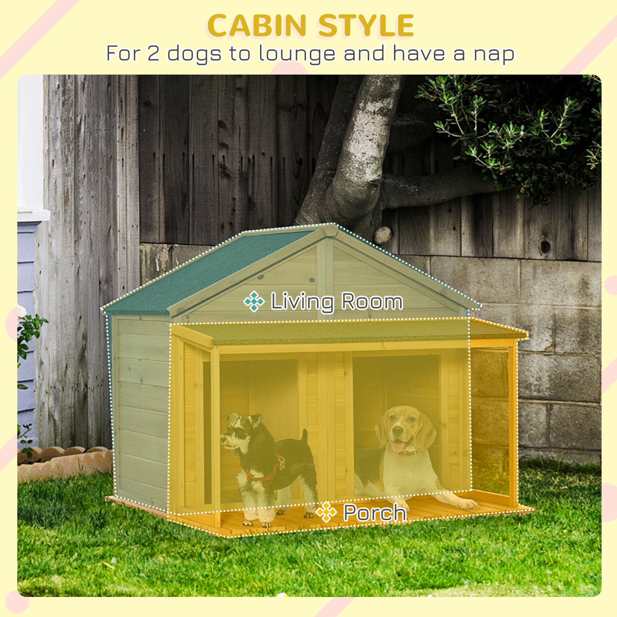 PawHut 50" Wooden Dog House Outdoor for 2 Medium or Small Dogs, Cabin Style Double Dog House with Porch, 2 Doors, Elevated Floor, Natural Wood