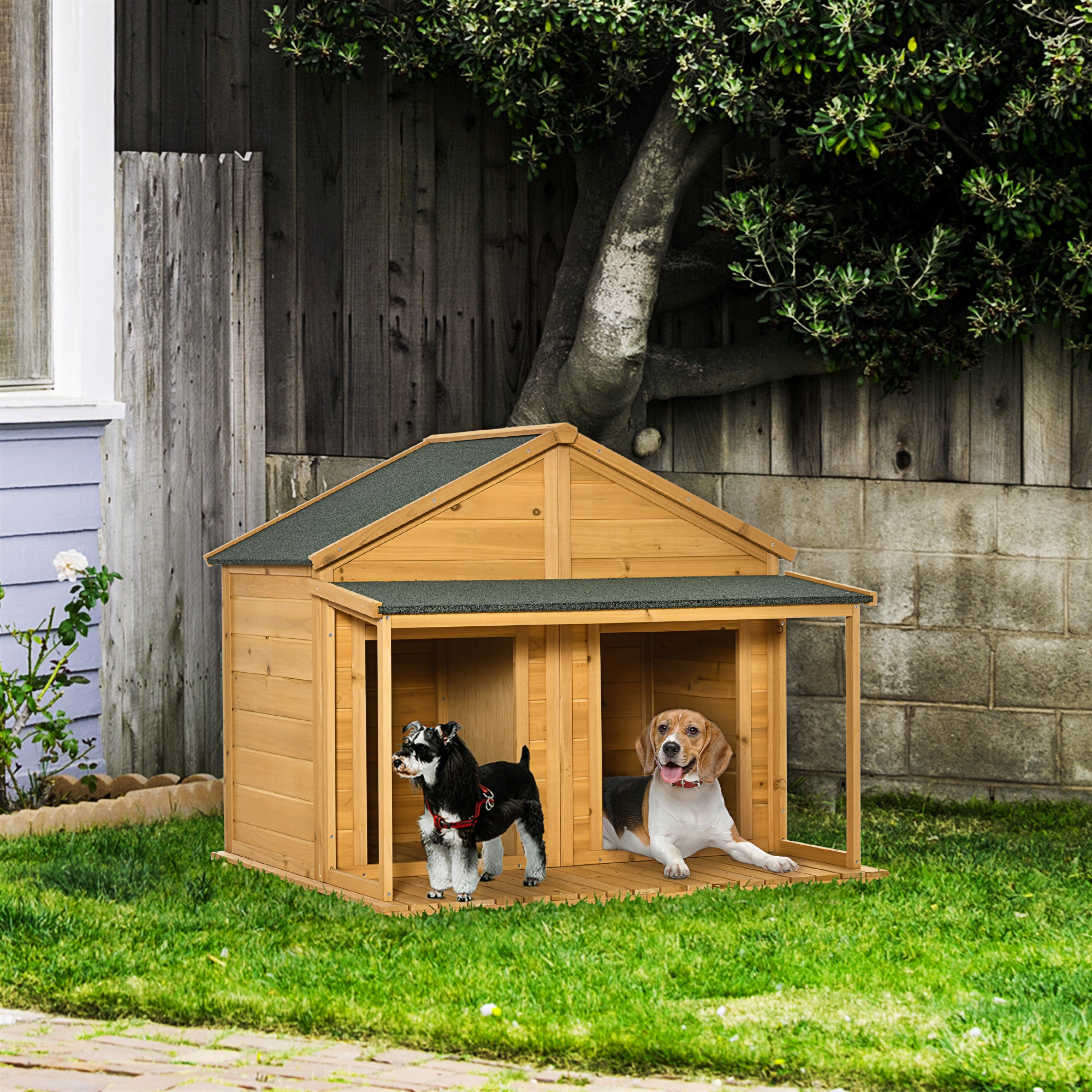 PawHut 50" Wooden Dog House Outdoor for 2 Medium or Small Dogs, Cabin Style Double Dog House with Porch, 2 Doors, Elevated Floor, Natural Wood