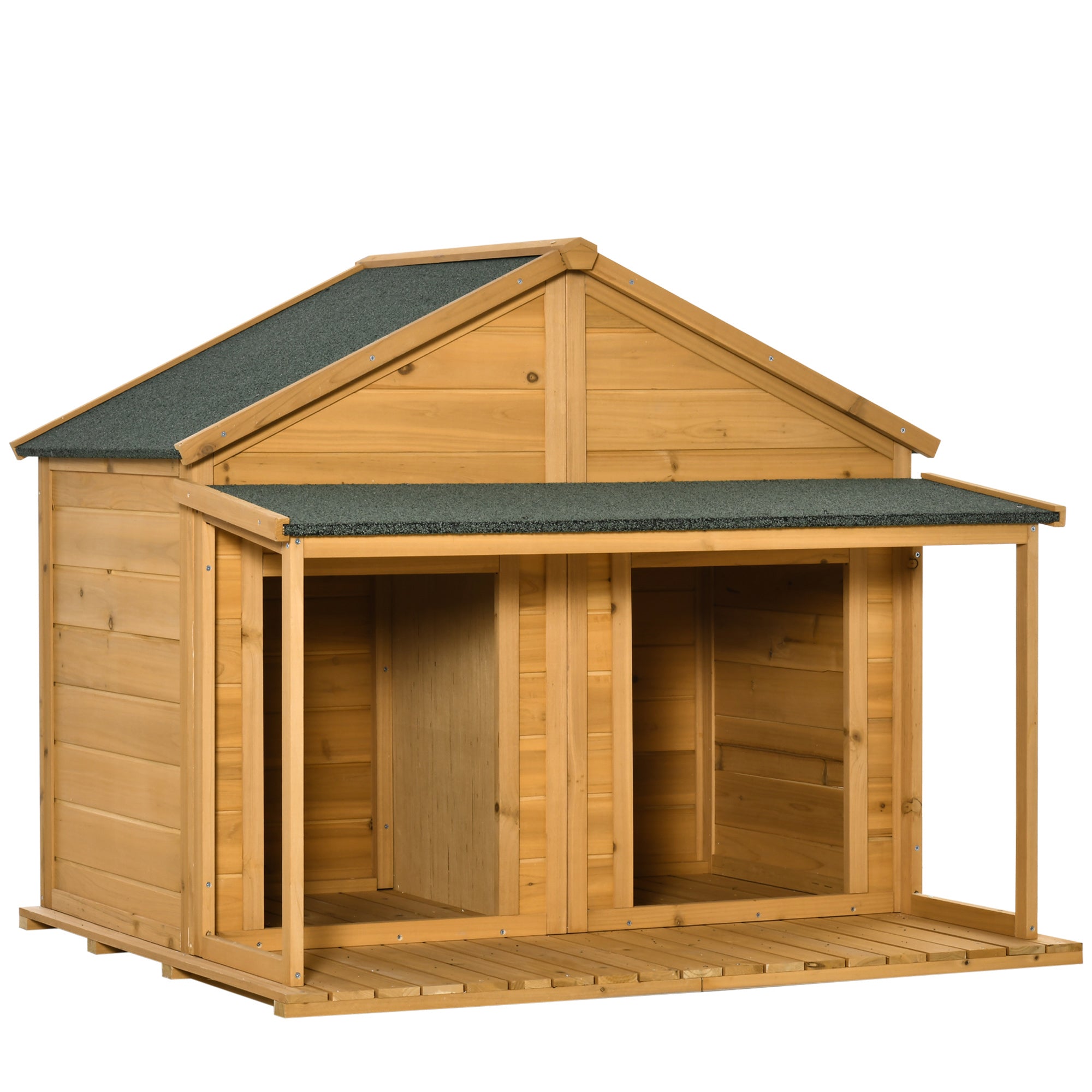 PawHut 50" Wooden Dog House Outdoor for 2 Medium or Small Dogs, Cabin Style Double Dog House with Porch, 2 Doors, Elevated Floor, Natural Wood