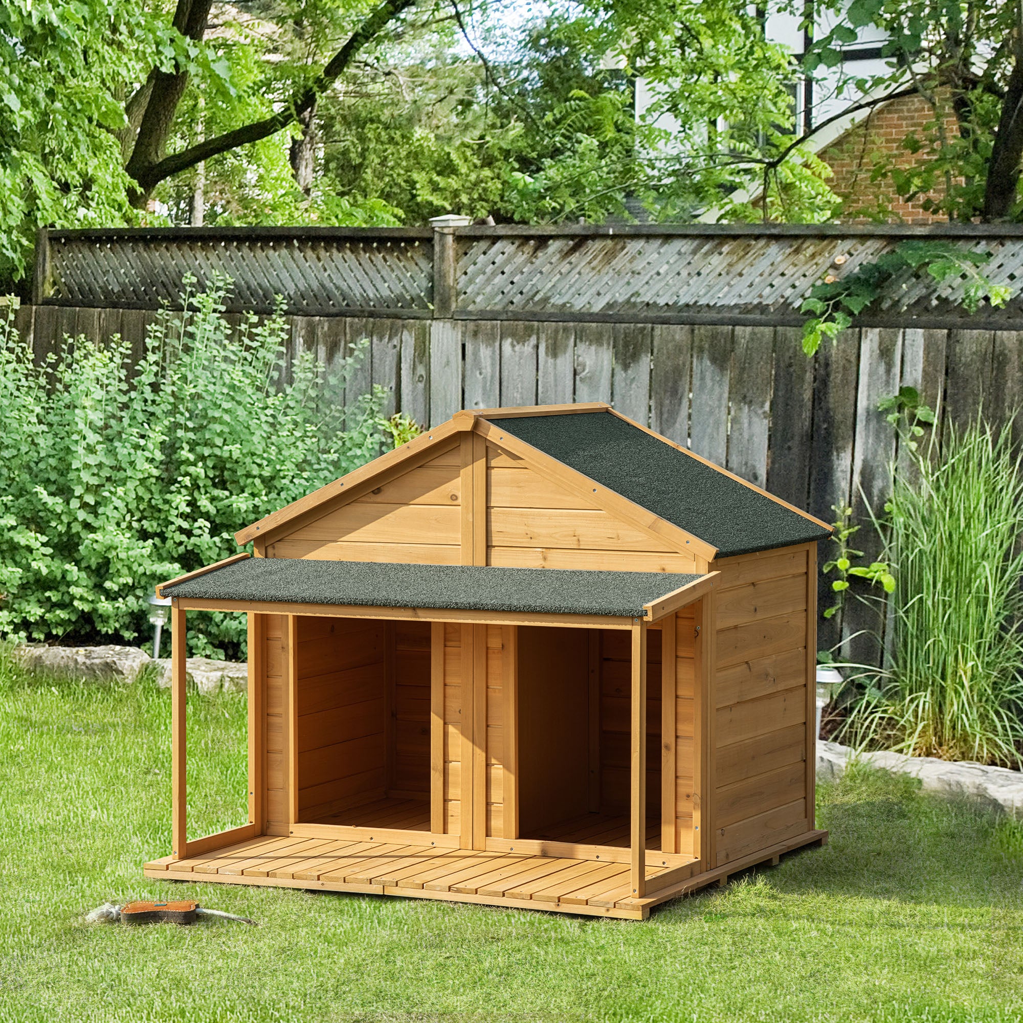 PawHut 50" Wooden Dog House Outdoor for 2 Medium or Small Dogs, Cabin Style Double Dog House with Porch, 2 Doors, Elevated Floor, Natural Wood
