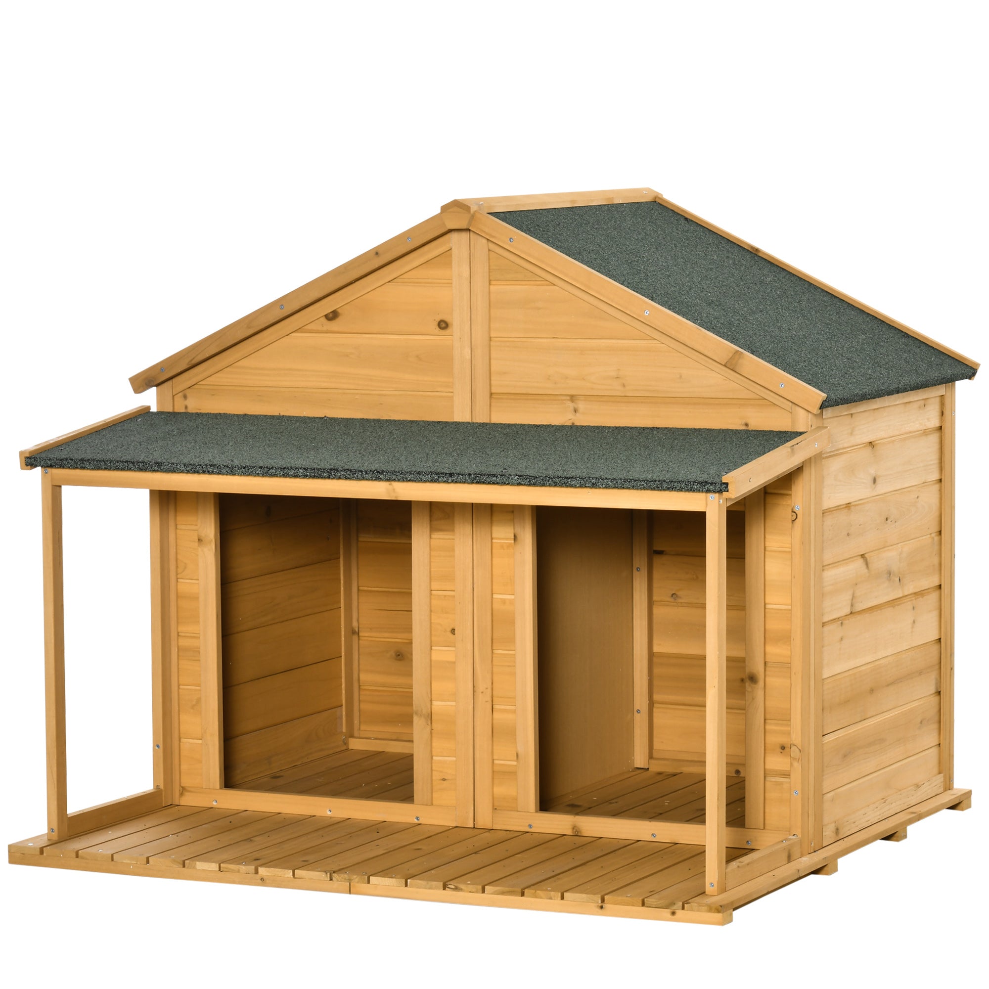 PawHut 50" Wooden Dog House Outdoor for 2 Medium or Small Dogs, Cabin Style Double Dog House with Porch, 2 Doors, Elevated Floor, Natural Wood