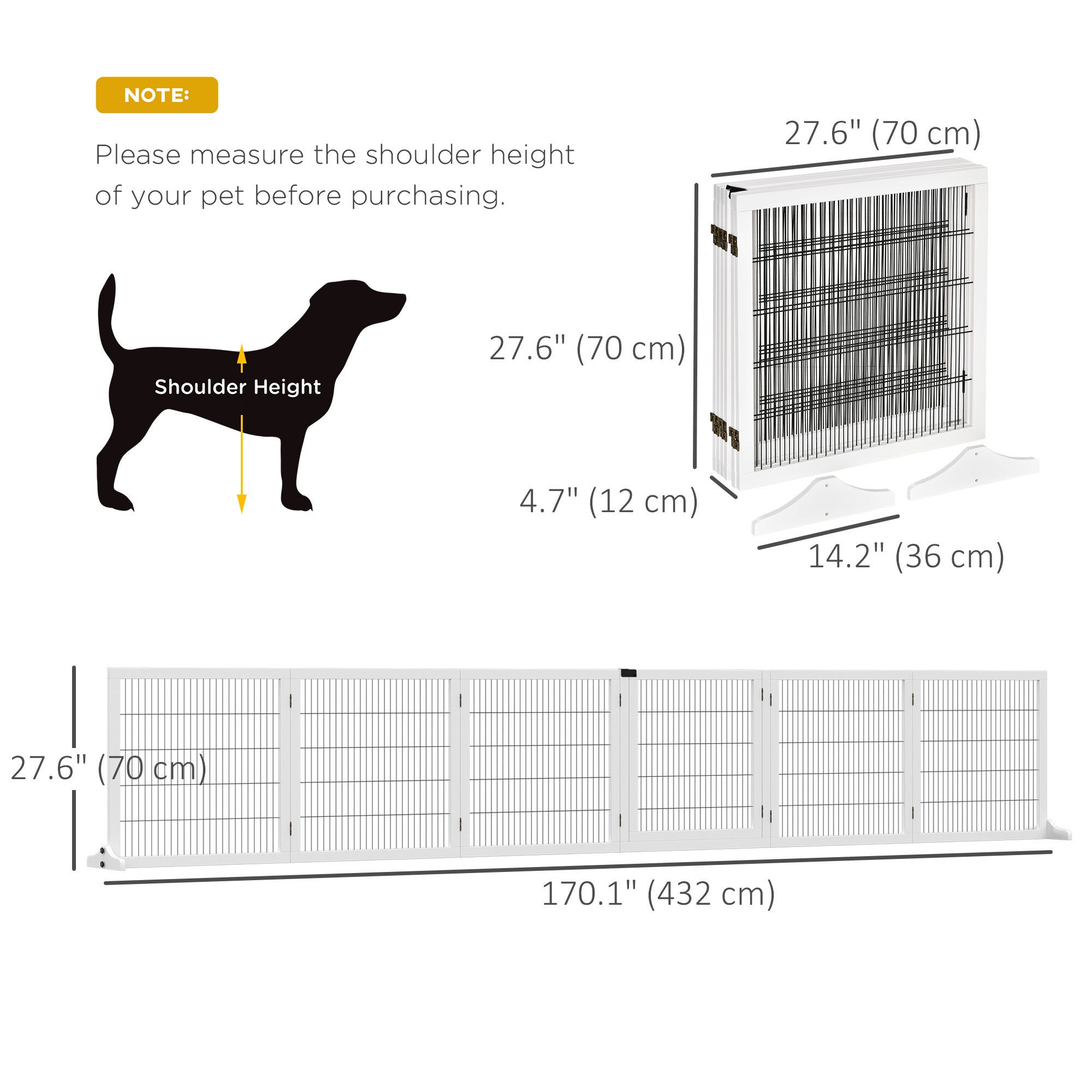 PawHut Wooden Pet Gate, Dog Safety Barrier, Freestanding Foldable Fence, w/ 6 Panels, 2 Support Feet, for House Doorway Stairs, Small & Medium Dogs, White