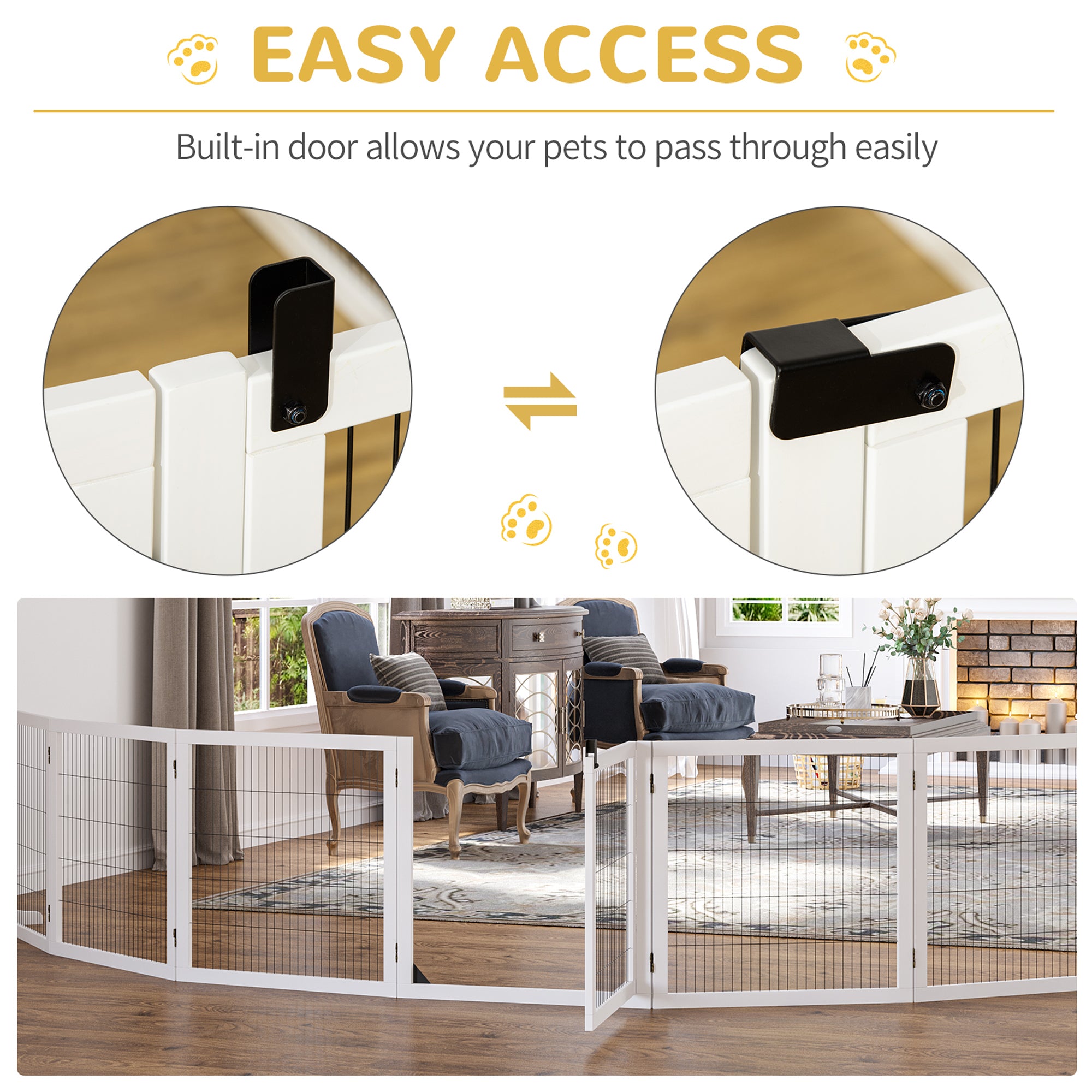 PawHut Wooden Pet Gate, Dog Safety Barrier, Freestanding Foldable Fence, w/ 6 Panels, 2 Support Feet, for House Doorway Stairs, Small & Medium Dogs, White